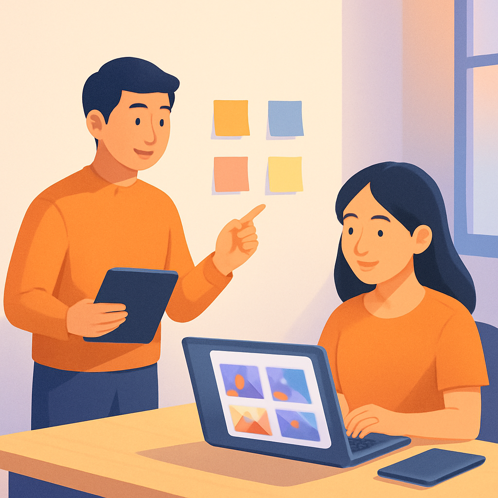 
        扁平插畫風格，柔和漸層光影，場景是一個小型開放式辦公室，牆上與桌面沒有任何文字或 logo。畫面左側是一位亞洲男性行銷人員站在白色牆前，牆上黏有幾張顏色不同但無文字的便利貼，他一手指向牆面，一手持平板電腦，正和同事討論。畫面右側是一位亞洲女性設計師坐在桌前，桌上有筆電和平板，螢幕上顯示幾張風格一致的插畫縮圖，但無可讀文字。兩人視線自然地看向同一台筆電螢幕，呈現協作感。色調維持藍紫與橙色的柔和對比，氛圍輕鬆、有條理。構圖讓人物大致集中在畫面中間偏右，左上與右下留出充足留白，適合加上檢查清單或總結文字。畫面中不要任何品牌 logo、不要可辨識商標、不要任何可讀文字、不要水印，風格與前兩張圖保持一致的扁平插畫與漸層光影。
      