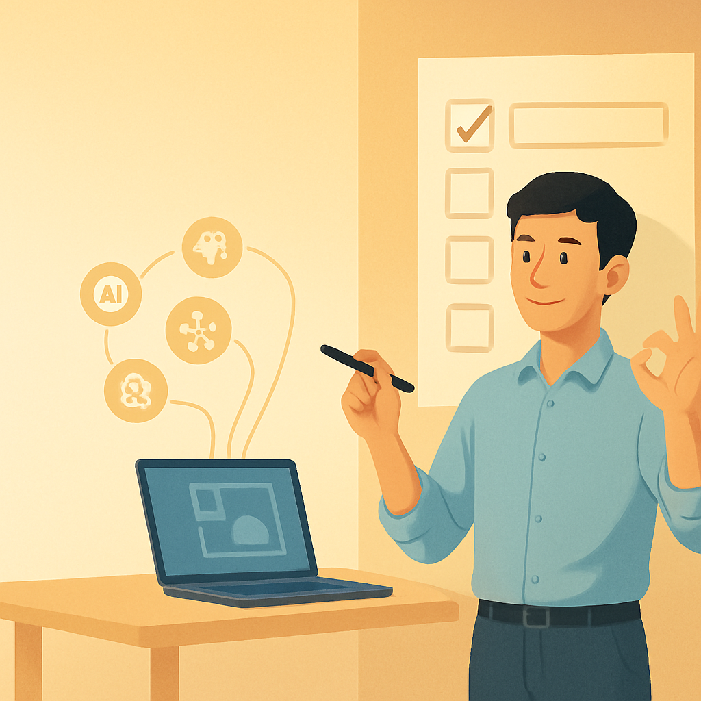 扁平插畫風格、色調與前兩張圖片一致，柔和漸層與自然側光。畫面右側是一位台灣上班族站在牆上的檢查清單前，清單以數個空白長方形格子表示，沒有可讀文字。人物一手拿著筆，一手比出 OK 手勢，表情輕鬆有成就感。左側放置一張簡化的桌子，上面有打開的筆電，螢幕水平放置、螢幕朝向人物，顯示抽象圖示代表多個 AI 工具，被幾條線條連到牆上的清單，象徵 30 天學習計畫完成。畫面左側保留約 40% 乾淨留白，適合放總結或 CTA 文字。整體氣氛輕鬆、帶一點暖黃色光感，與前面圖片保持系列感。不要任何品牌 logo、不要可辨識商標、不要任何可讀文字、不要水印。