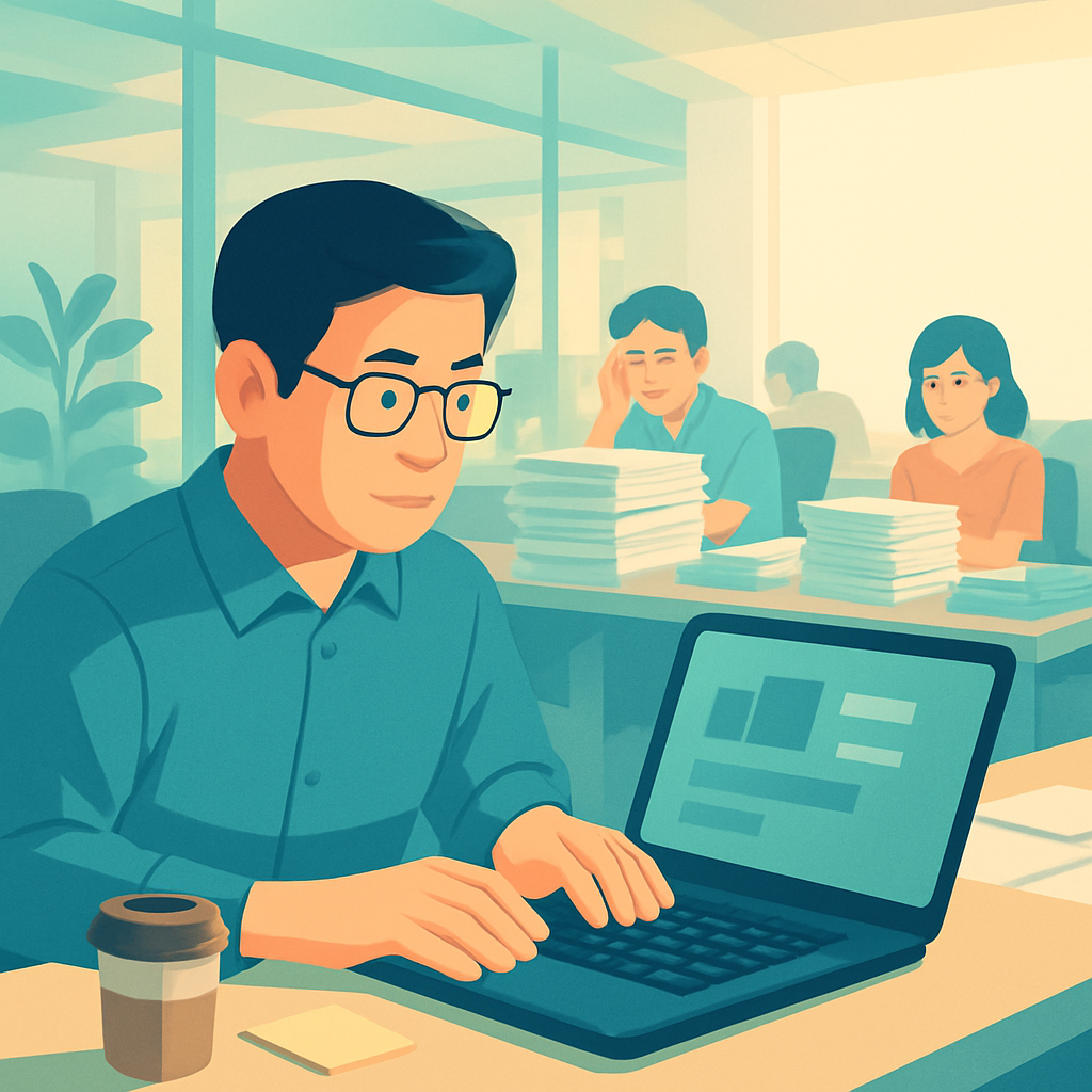 扁平插畫風格、柔和漸層色彩與自然側光。場景是一間台灣公司開放式辦公室，時間是白天。畫面中央一位戴眼鏡的上班族坐在辦公桌前，桌上有筆電、咖啡杯與便條紙，筆電螢幕水平放在桌面、正面朝向人物，人物身體正對筆電、眼睛直視螢幕、雙手自然放在鍵盤上。螢幕上僅以抽象方塊與線條呈現，不出現任何可讀文字。背景其他同事坐在辦公桌旁，堆滿紙本報告與文件，表情略顯疲累，營造「開會太多、信太多、報告太多」的忙碌感。色調偏藍綠搭配一點亮橘作對比，畫面右側保留 40% 乾淨留白，適合放標題文字。不要任何品牌 logo、不要可辨識商標、不要任何可讀文字、不要水印。