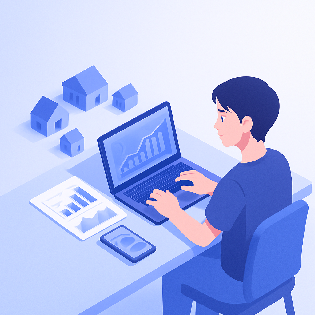 等距插畫風格的數位場景示意圖，乾淨扁平漸層色系。畫面是台灣現代辦公室的桌面俯視斜角視角，一台筆電、手機、幾個小房子與圖表，以標準等距角度排列。畫面右側有一位台灣年輕設計師，短髮、中性穿著，坐在桌前正面面向筆電，眼睛自然看著螢幕，雙手放在鍵盤上正在操作。光線柔和、偏冷色，背景簡潔留白約 40% 空間適合放標題文字。整體為等距插畫風格、柔和光影、亮眼但不刺眼的藍紫配色，不要任何品牌 logo、不要可辨識商標、不要任何可讀文字、不要水印。