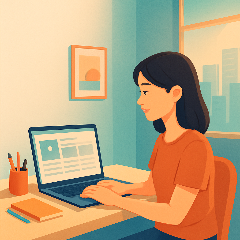 扁平插畫風格，柔和漸層色調與溫暖光影，場景是台灣都會區的一間小型辦公室，桌上有整齊擺放的筆電與簡單文具。畫面中一位台灣年輕女性社群小編坐在桌前，正面朝向螢幕，雙手自然放在鍵盤上，眼睛專注看著螢幕上的社群排版畫面。桌面水平、筆電螢幕直立面向她與觀看者，沒有任何品牌 logo、商標、水印或可讀文字。背景牆面乾淨、略帶幾何裝飾，整體色系偏藍綠與橘色對比，畫面左側保留約 40% 乾淨留白，適合後續加上標題文字，全圖風格一致、乾淨、現代。