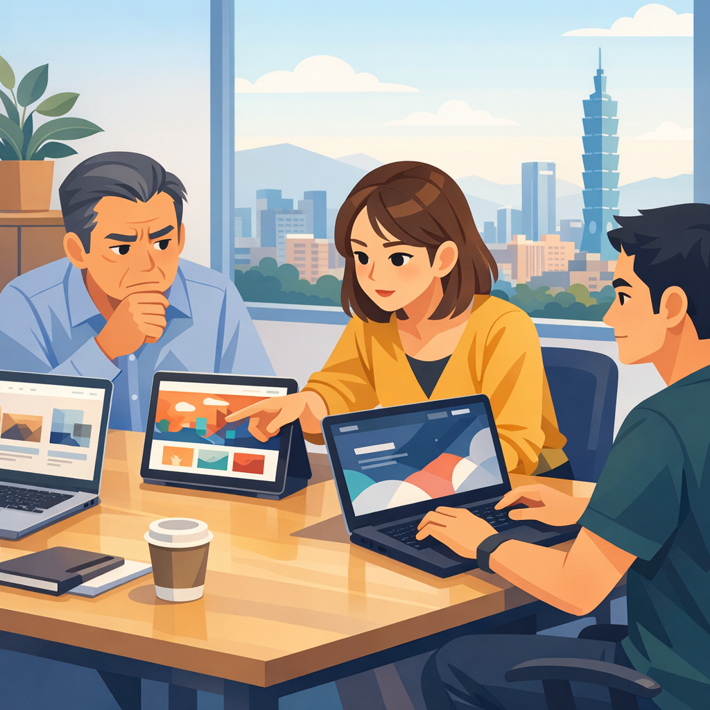 扁平插畫風格，柔和冷暖色調對比、輕微漸層光影。一間台灣中小企業辦公室的開會情境，時間是白天，窗外隱約可見台北市景。會議桌上放著幾台打開的筆電與平板，螢幕上顯示不同風格的網站首頁縮圖。三位角色：一位中年男性老闆皺眉看著螢幕，一位年輕女行銷用手比向其中一個畫面，用另一手放在筆電鍵盤上，眼睛認真看著螢幕，另一位工程師側坐，雙手自然放在鍵盤上，眼神也專注看螢幕。三人互相面向同一方向，呈現正在討論「要選哪間網頁設計公司」的氛圍。構圖採中景，把人物上半身與桌面全部入鏡，讓環境與表情都清楚可見。畫面乾淨簡潔，不要任何品牌 logo、不要可辨識商標、不要任何可讀文字、不要水印。