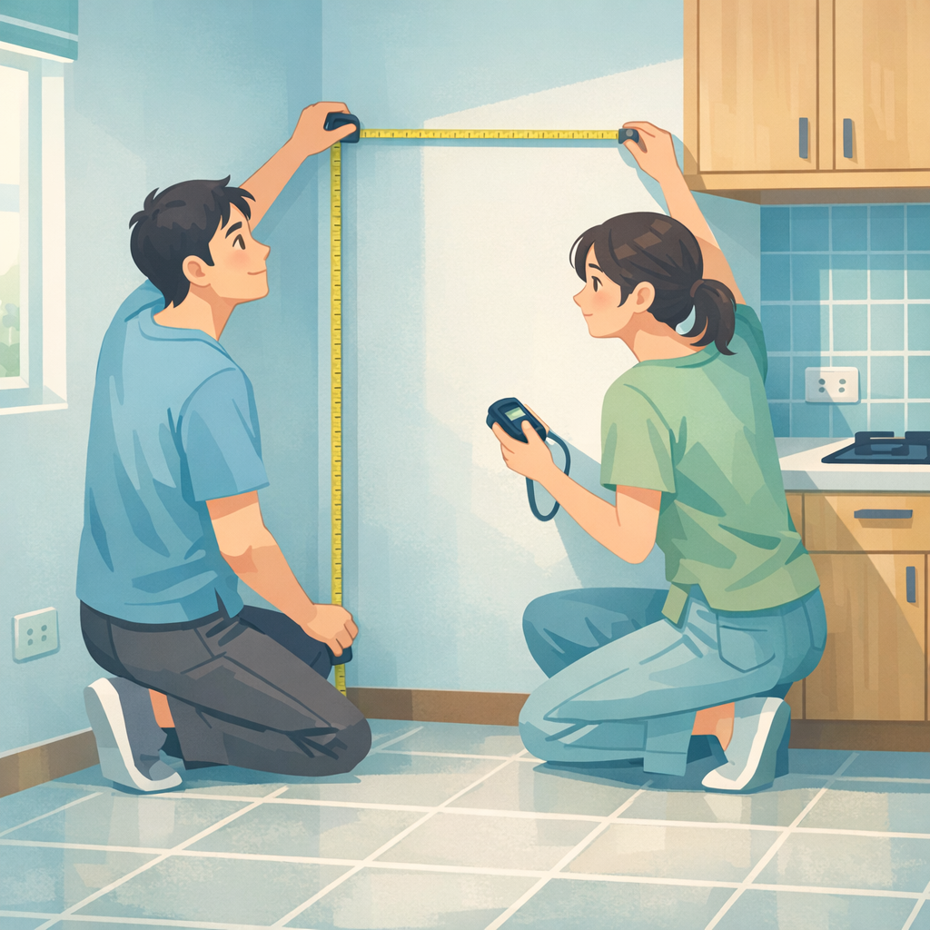 扁平插畫風格、柔和冷色系光影的室內場景，呈現台灣都會區小家庭廚房，一對年輕夫妻站在預計放冰箱的空位前，用捲尺量寬度與高度，牆上與流理台呈現 L 型配置。畫面中可看見地板瓷磚、簡約木質櫥櫃與電源插座，但沒有任何品牌標誌或可讀文字。構圖採中景，重點放在人物與牆角間的量測動作，表情專注、略帶思考，光線從左側窗戶灑入，形成柔和陰影。畫面整體風格統一為清爽、日常、略帶藍綠色調，不要任何品牌 logo、不要可辨識商標、不要任何可讀文字、不要水印。