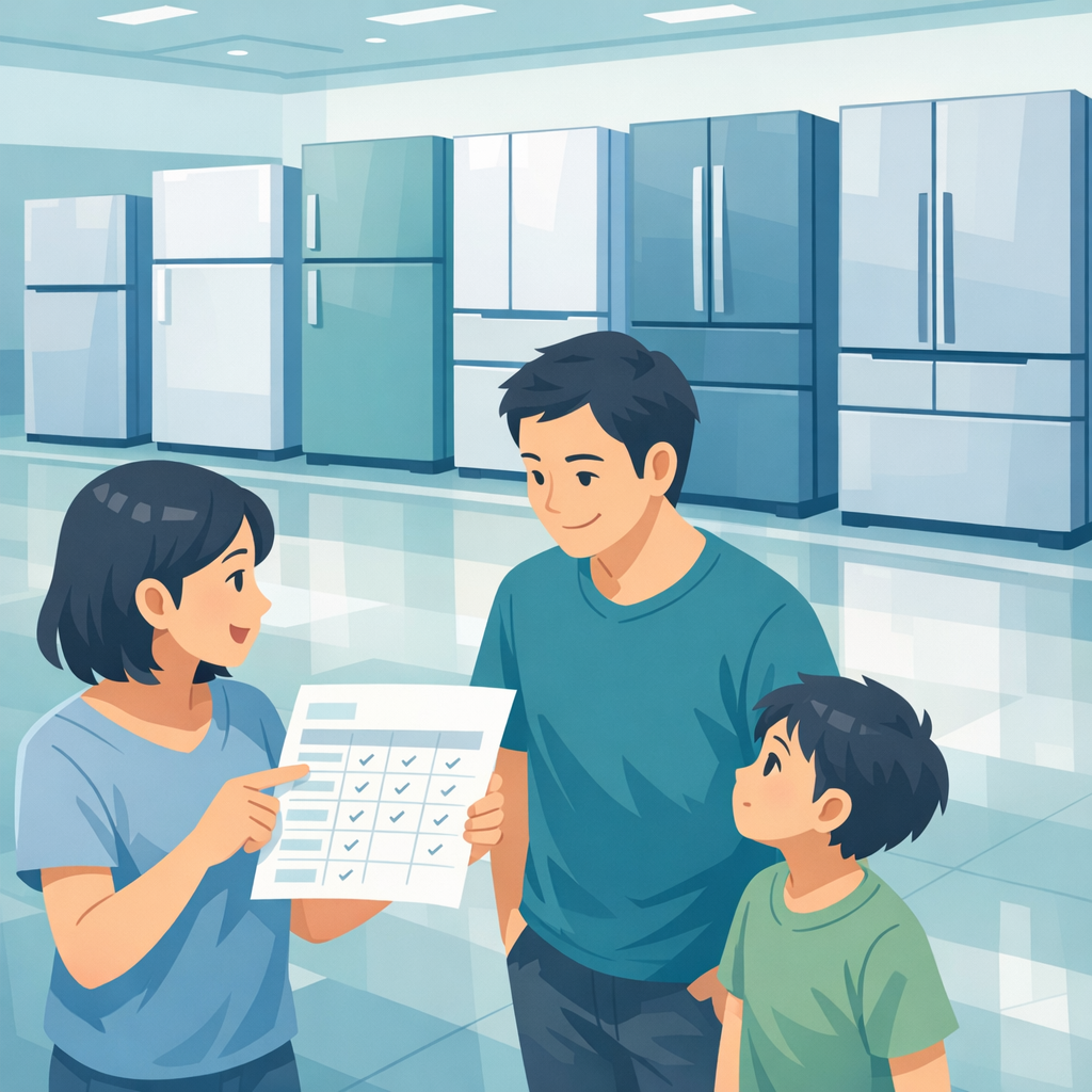 扁平插畫風格、統一冷色與柔和光影的家電賣場場景，數個不同尺寸與門數的冰箱排成一列，但外觀設計都經過簡化，沒有任何品牌標誌或可讀文字。一對台灣小家庭（三人）站在前景，手上拿著簡化的比較表紙張，媽媽手指著比較表，爸爸點頭，小孩好奇看著冰箱。構圖採廣角略往下俯視，能看到整排冰箱和人物互動，色調清爽、帶一點藍綠與灰白對比，呈現理性選購的氛圍。不要任何品牌 logo、不要可辨識商標、不要任何可讀文字、不要水印。