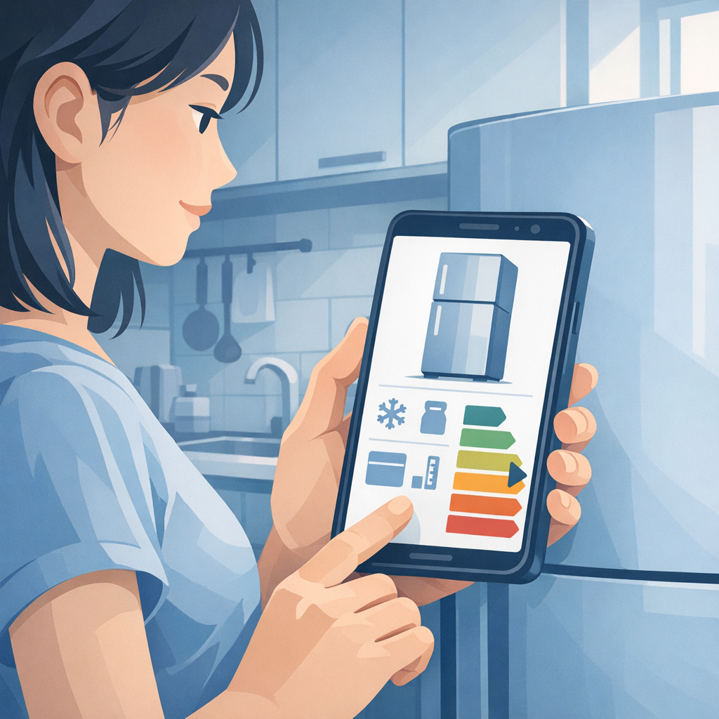 扁平插畫風格、統一冷色系與柔和光影的室內情境，一位台灣年輕女性站在家中冰箱前，左手微扶冰箱門，右手拿著手機，畫面放大顯示手機螢幕上有簡化的冰箱規格圖示與能效等級條狀圖，但沒有任何可讀文字或品牌 logo。背景是簡約廚房場景，有流理台與吊櫃，光線從右側窗戶進來，形成清晰卻柔和的對比。構圖偏近景，聚焦在人物的手與手機螢幕，讓人一眼看出是在比對冰箱參數。不要任何品牌 logo、不要可辨識商標、不要任何可讀文字、不要水印。