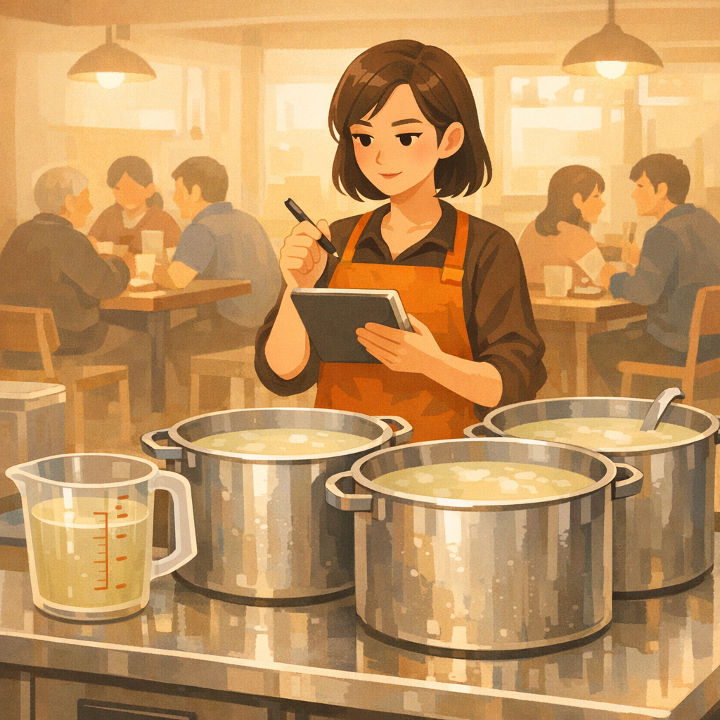 扁平插畫風格、柔和光影，中近景構圖。畫面中心是一個大型不鏽鋼高壓鍋放在商用瓦斯爐上，火力是中小火，鍋蓋鎖緊、洩壓閥冒著淡淡蒸氣；右側是一位戴帽子、穿圍裙的年輕廚師，專注看著計時器，另一手輕扶鍋蓋。背景牆上有幾口已經煮好的薑母鴨湯鍋，湯色乳白帶點金黃，看得到鴨肉和薑片。畫面色調統一暖橘黃，強調專業、穩定操作的氣氛。無文字、無品牌 logo、無水印，物件比例自然。