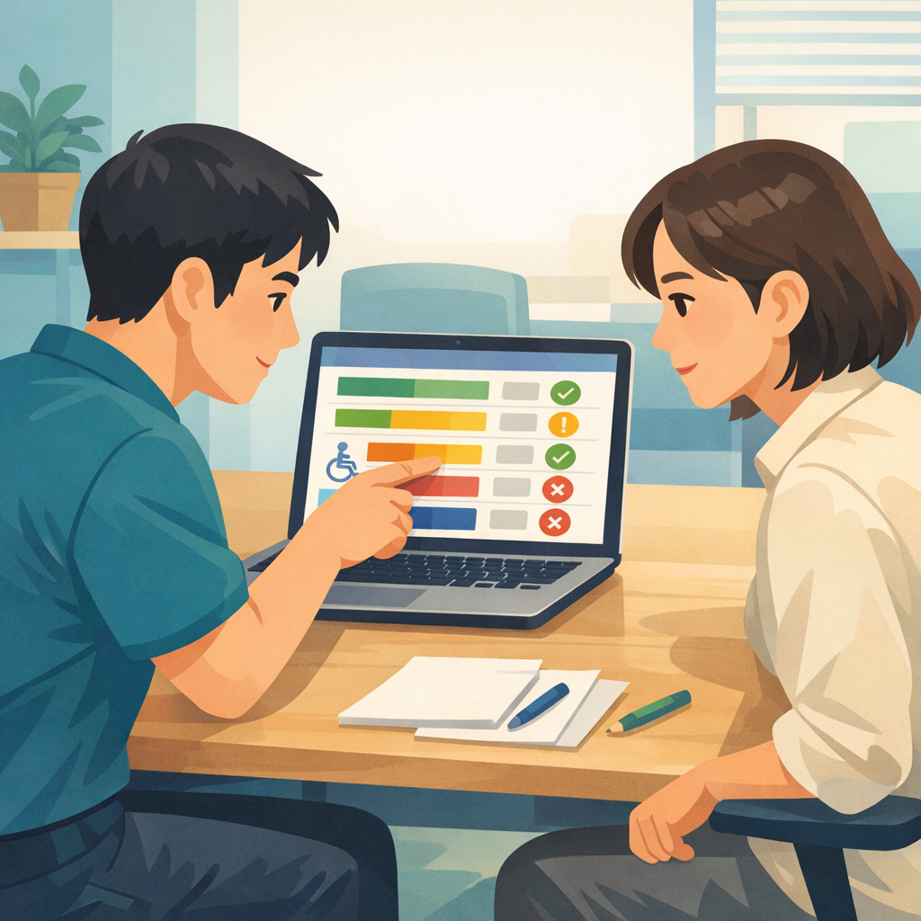 扁平插畫風格、柔和光影，中景構圖，兩位台灣同事在會議桌前一起看一台筆電螢幕。螢幕上以色塊和圖示表示無障礙檢查結果列表，但不含任何可讀文字。左側人物正在用手指自然指向螢幕上的一個色塊，右側人物專注看著螢幕，桌面上有簡單筆記紙張與筆但沒有文字和標誌。視角從側前方看向兩人與螢幕，畫面平衡，色調延續前兩張圖的藍綠與米色系。