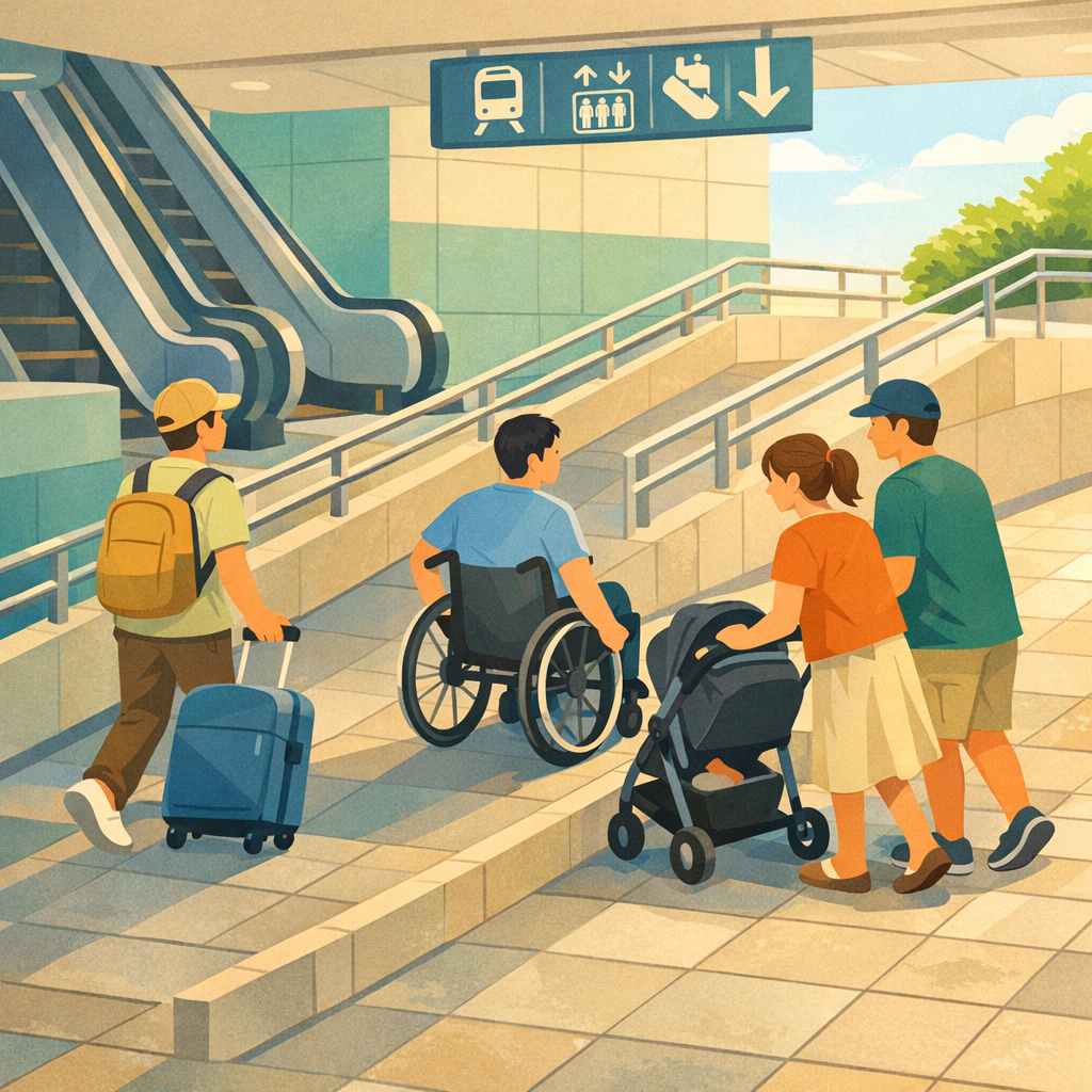 扁平插畫風格、柔和光影，一個台灣都會捷運站出口的場景，畫面中有輪椅使用者走坡道，一旁有推行李箱的旅客、推嬰兒車的家長，同時都在使用同一條無障礙坡道，背景可見電扶梯與指示圖標但不含任何文字。構圖為中景，人物約佔畫面一半，視角略微俯視，讓坡道與動線關係清楚。色調偏溫暖藍綠與米色，營造友善、日常的氛圍。畫面中不得出現任何品牌 logo、可辨識商標、水印或可讀文字。