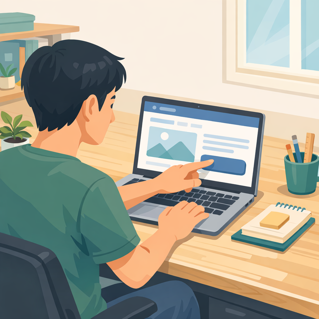 扁平插畫風格、柔和光影，中近景構圖，一位台灣設計師坐在明亮辦公室書桌前，桌上有筆電與簡單文具。螢幕上以簡化圖示呈現網站畫面，設計師用一手放在鍵盤，一手指向畫面中放大的按鈕與文字區塊，象徵調整字級與按鈕。視角略高於桌面，可清楚看見人物上半身與筆電螢幕內容輪廓但沒有任何可讀文字或 logo。色調與前一張圖一致，藍綠與米色系，畫面比例自然、物件大小真實。