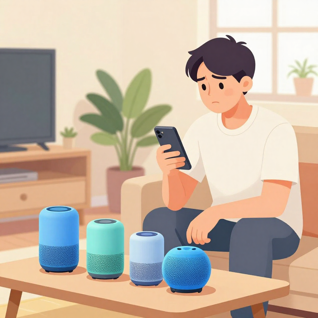 扁平插畫風格、柔和漸層光影，一位台灣年輕上班族在台北租屋小客廳中，桌上排放四款不同大小、不同顏色的無品牌藍牙喇叭，外觀風格各有差異但沒有任何 logo 或文字。人物坐在矮沙發上，一手拿著手機在胸前高度，正看著螢幕上的價位比較表，另一手自然放在腿上，表情有點猶豫又期待。畫面採中景構圖，人物約佔畫面 1/3，其餘呈現客廳環境：簡單電視櫃、觀葉植物、小窗戶透入自然光。色調偏暖、帶一點藍綠對比，營造「選擇困難但愉快」的氛圍，不要任何品牌 logo、可讀文字或水印。