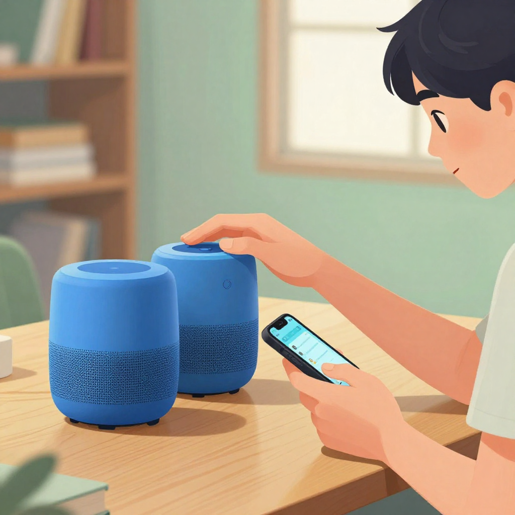 扁平插畫風格、柔和漸層光影，中近景構圖。木質桌面中央放著兩款無品牌的中型藍牙喇叭，一台設計偏方正、一台偏圓筒狀，大小接近真實 2 公斤等級產品，無任何 logo 或文字。右側坐著一位台灣大學生，上半身入鏡，一手在桌上輕觸喇叭頂部的按鍵，另一手拿著手機於胸前高度，眼睛專注看著螢幕上的設定介面。背景略帶模糊的室內環境，有書架與窗戶光線，營造比較氛圍。色調以藍綠與木色對比，畫面比例自然、物件不誇張放大。