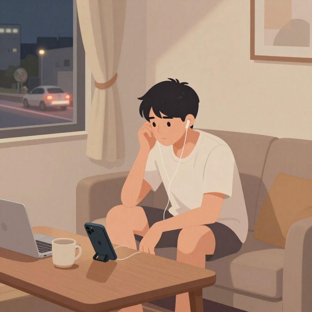 扁平插畫風格、中性柔和光影，場景為台灣都市中的小套房客廳夜晚，簡單木桌上只有一支手機在外放，旁邊有簡單的杯子與筆電。畫面中心是一位穿居家服的台灣年輕人，坐在沙發上，表情有點無奈，身體微微向前，聽著手機放出的音樂。畫面應該呈現環境聲蓋過音樂的感覺，可透過窗外車流、電風扇等元素暗示。採中景構圖，人物約佔畫面一半，視角略高於桌面，能清楚看到人物、手機與小客廳環境。不要任何品牌 logo、不要任何可讀文字、不要水印，色調一致偏暖，三張圖風格需能連貫。