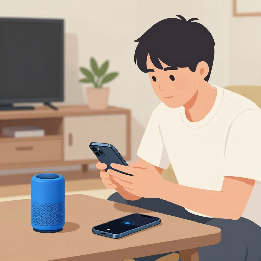 扁平插畫風格、中性柔和光影，台灣家庭客廳的中近景，一位年輕人坐在茶几旁，桌上擺著一顆無品牌藍牙喇叭與手機，人物雙手自然操作手機藍牙配對畫面，眼睛看著螢幕。背景有電視櫃與簡單盆栽。構圖強調操作步驟，能清楚看到人物上半身與桌面物件，比例真實自然，手機大小接近真實。視角略斜側面，畫面平衡。不要任何品牌 logo、不要可讀文字、不要水印，色調與前一張圖一致。