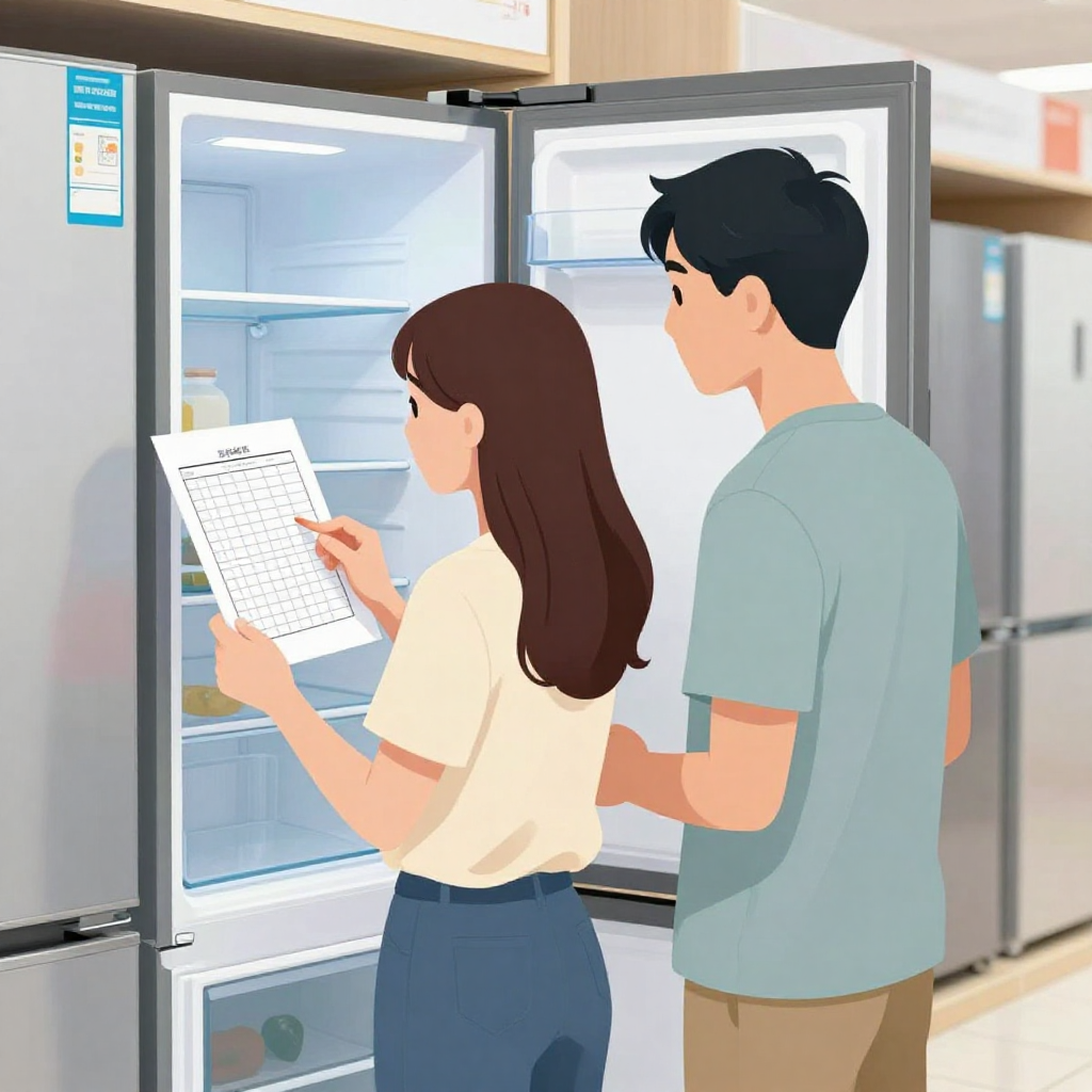 扁平插畫風格，中景構圖。場景在家電賣場走道，一對台灣年輕夫妻站在冰箱展示區前，手上拿著印有簡單方框的空白檢查表紙張，正面朝向他們，女方手指著表格上的其中一格，男方則打開一台無品牌冰箱門，身體微側、頭轉向女方，兩人像在討論收納與價格。背景有多台不同尺寸的無標誌冰箱整齊排放，燈光明亮、色調清爽。人物與冰箱約佔畫面一半，比例自然，無任何文字、logo 或水印。