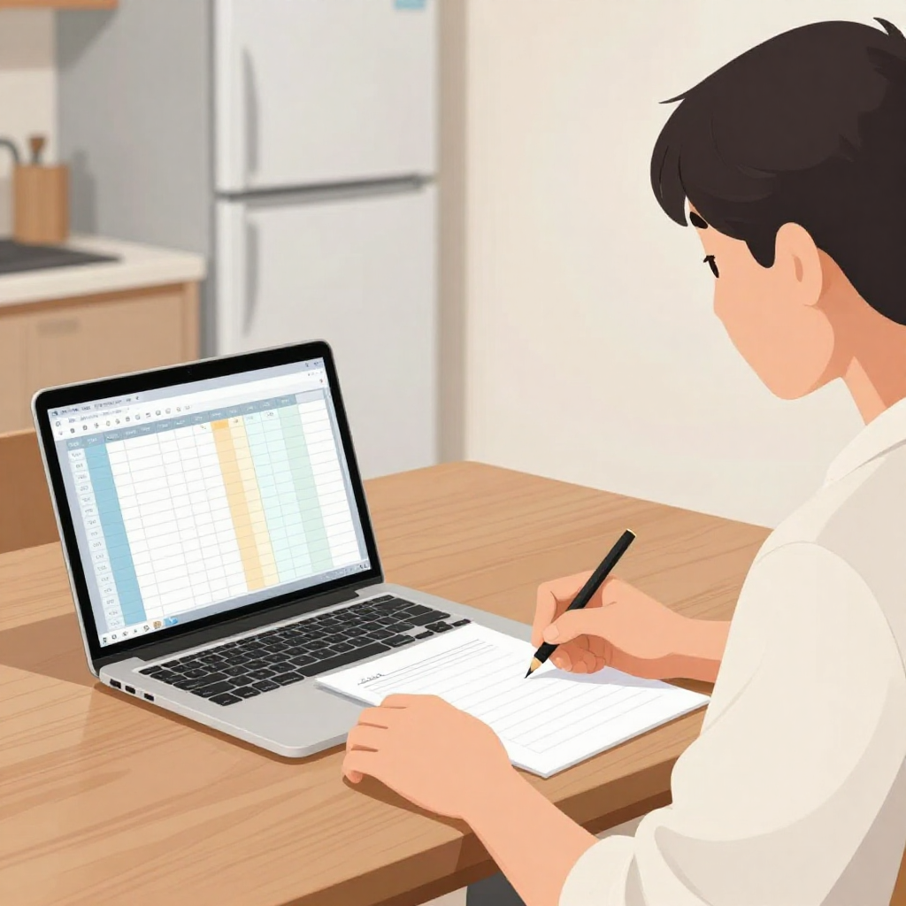 扁平插畫風格，中近景構圖。場景是台灣客廳與餐廳相連的開放空間，一位台灣上班族坐在木質餐桌前，桌上放著打開的筆電與一張簡單的空白表格紙張。人物眼睛看著筆電螢幕，雙手自然分別放在鍵盤與紙張上，好像一邊查冰箱規格一邊手寫簡單計算。螢幕上以色塊示意價格與電費對比，沒有任何文字或 logo。背景隱約可看到廚房與一台無品牌冰箱輪廓。光線柔和，畫面乾淨清爽，人物與操作畫面約佔畫面一半，比例自然，無水印與商標。