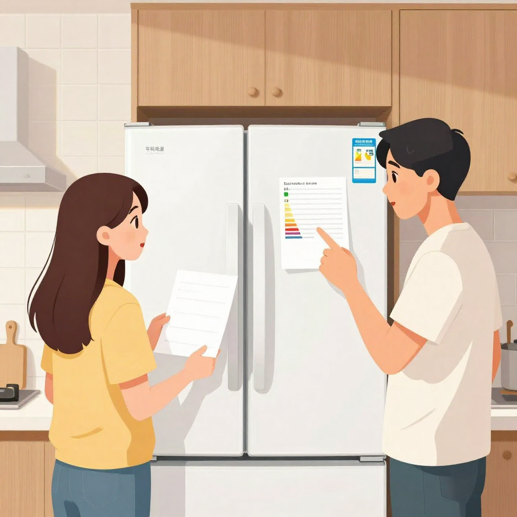扁平插畫風格，中景構圖。場景是台灣現代感的小公寓廚房，一位約 30 歲的台灣年輕男女站在兩台外觀類似、價格不同的冰箱前，比較標價與電費貼紙。牆上是簡潔的白色磁磚與木質櫥櫃，燈光柔和偏暖。人物一手拿著簡單的空白對照表紙張，正面朝自己，另一手指向冰箱上的能效標示，兩人視線集中在標示上，表情專注、有點驚訝。畫面左邊冰箱上方有較低標價但較高「年耗電量」圖示，右邊冰箱標價略高但年耗電量圖示較低，採示意圖形式無任何文字、品牌或商標。人物約佔畫面一半，鏡頭略微廣角，可看到廚房環境，整體色調清爽、明亮，無水印與任何可辨識 logo。