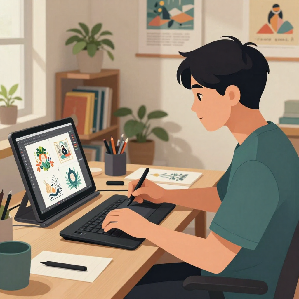 扁平插畫風格、柔和光影，室內場景：台灣創作者在租屋工作室裡，一張木質書桌上擺放筆電與繪圖板，螢幕上顯示多張 AI 生成的插畫縮圖。人物為一位二十多歲台灣年輕人，短髮、中性穿搭，坐在桌前，眼睛自然看著筆電螢幕，雙手放在鍵盤與繪圖板筆上，姿勢放鬆。背景有書架、植栽與一些無字畫作海報，營造創作工作室氛圍。構圖採中景，人物約佔畫面一半，可清楚看到螢幕與作品。色調偏暖、帶一點藍綠對比，氣氛專注卻不緊繃。畫面中不可出現任何品牌 logo、文字或水印，所有物件比例與持握方式符合現實、動作自然。