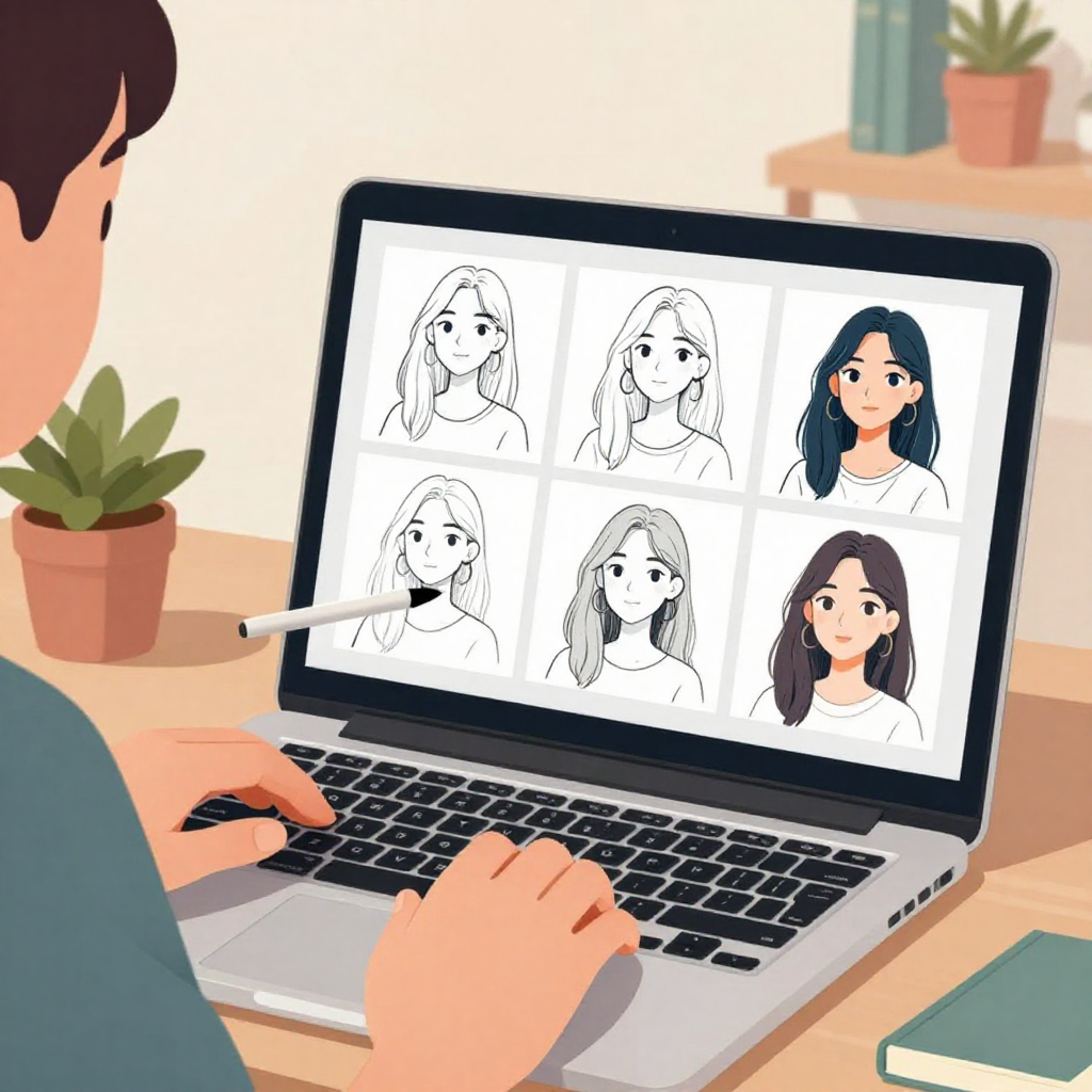 扁平插畫風格、柔和光影，畫面為流程示意：一位台灣創作者坐在桌前看著筆電，上半身中近景，螢幕畫面分成多個欄位，依序顯示草圖、AI 生成的多種風格版本、最後一張精修完成的插畫。人物一手放在鍵盤，一手拿著觸控筆指向螢幕其中一張圖，眼睛自然看著螢幕，姿勢專注。背景簡潔，只有幾本書與盆栽，讓重點留在螢幕內容。構圖平衡，人物與螢幕約佔畫面三分之二。色調延續前圖，暖色搭配少量藍綠對比，無任何品牌 logo、可讀文字或水印，所有物件比例與操作姿勢真實自然。