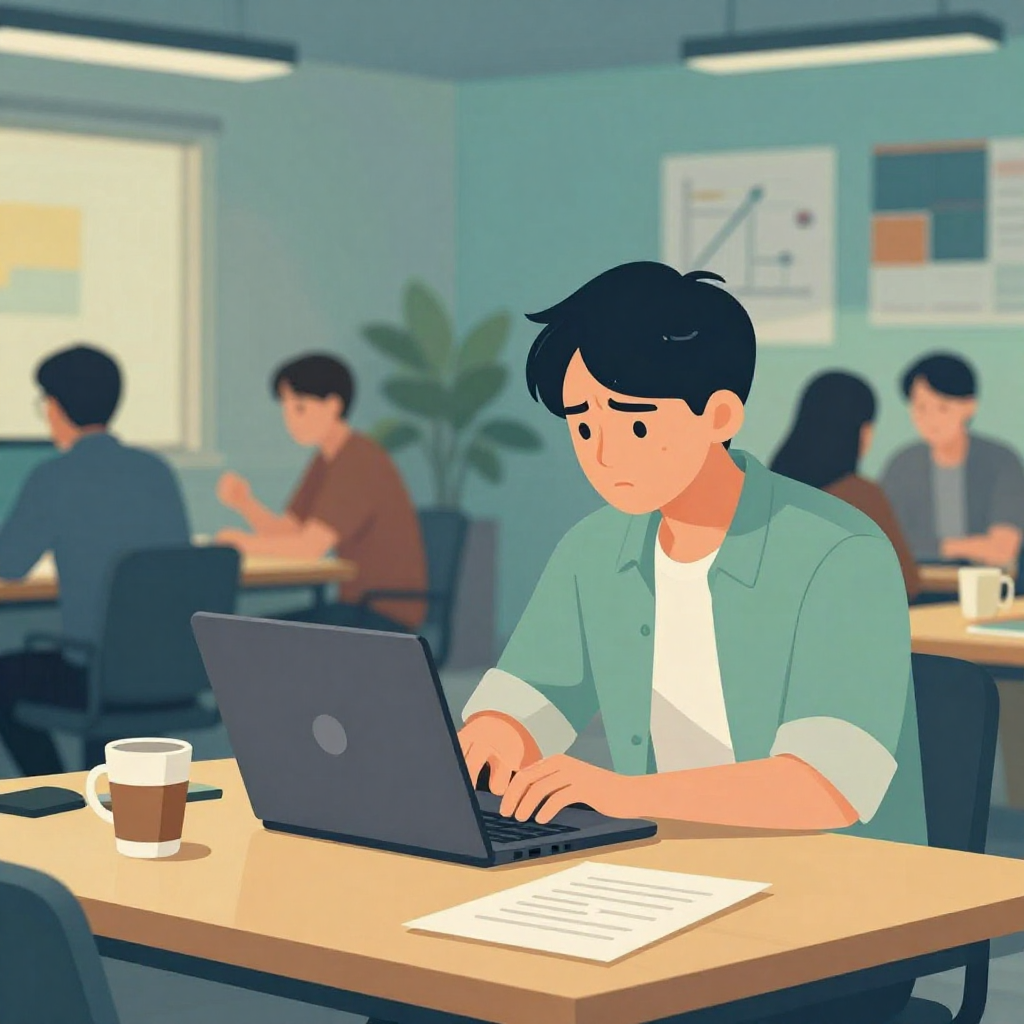 扁平插畫風格、柔和光影的辦公室情境圖，台灣上班族晚上加班在共同工作空間裡做簡報。畫面中有一位年輕男女上班族坐在木質桌前，打開筆電，螢幕正對人物，人物眼睛專注看著螢幕，雙手自然放在鍵盤上，臉上帶有有點苦惱又專心的表情。桌上有咖啡杯、便條紙與一兩張空白文件，文件正面朝上放在桌面上。背景為現代感辦公空間，有幾個同事在遠處討論，牆上有沒有文字的抽象圖表與色塊裝飾。構圖採中景，人物約佔畫面一半，能清楚看到環境與情緒。整體色調偏藍綠與暖黃對比，營造加班但不壓抑的氛圍。畫面中禁止任何品牌 logo、可讀文字或水印。