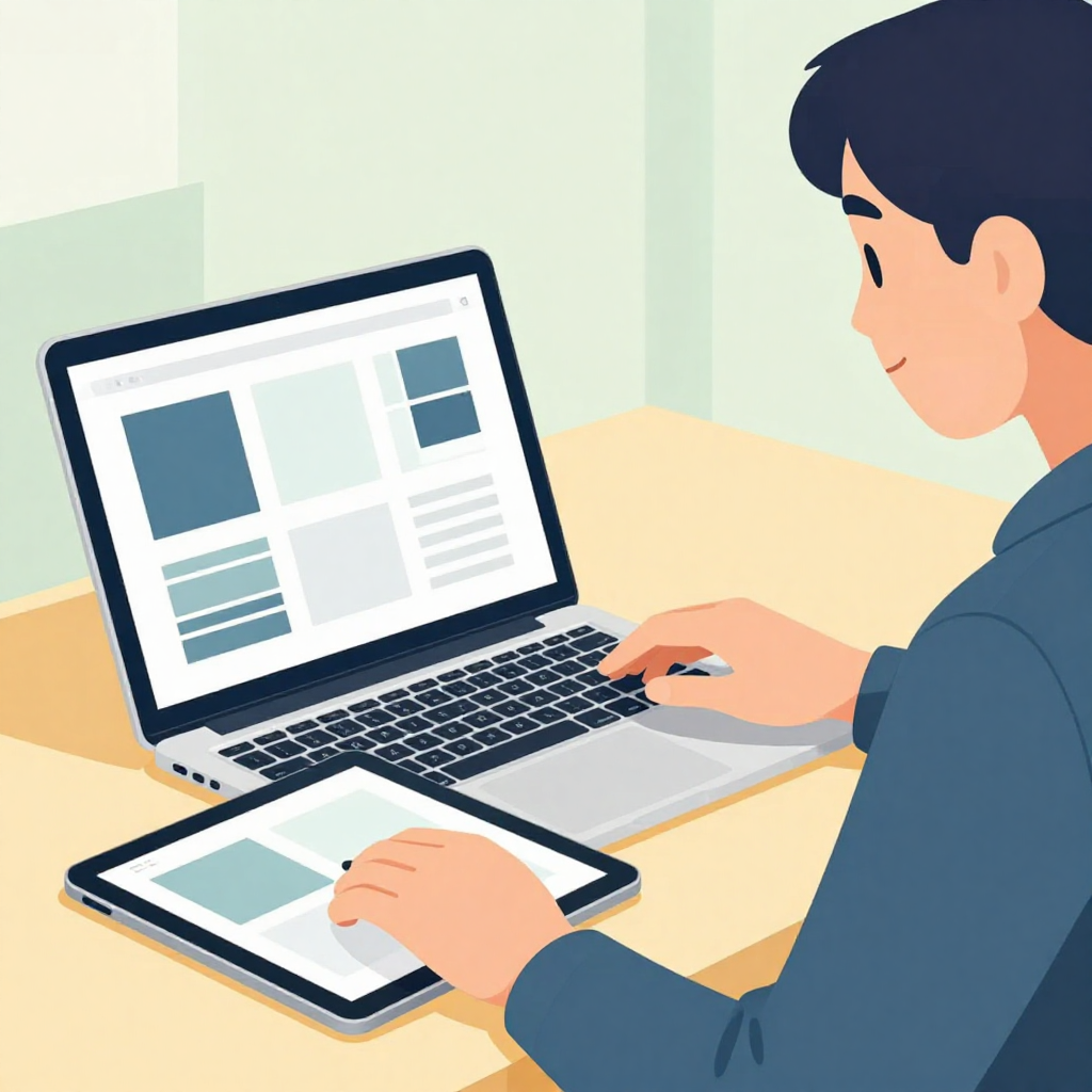 扁平插畫風格、柔和光影的操作示範圖。畫面中是一位台灣年輕上班族坐在桌前，桌上擺放一台筆電與一台平板。筆電螢幕正對人物，顯示抽象化的簡報縮圖和版面方塊，但沒有任何可讀文字或 logo；平板放在筆電旁邊，螢幕上是色塊組成的模板預覽。人物一手放在筆電鍵盤上，一手自然用手指點著平板螢幕，眼睛在兩個螢幕之間切換視線，表情專注且帶點滿意。構圖為中近景，可清楚看到上半身和操作動作，但物件比例真實不誇張。背景是簡潔室內空間，色調延續前圖的藍綠與暖黃，風格統一，無任何文字、商標與水印。