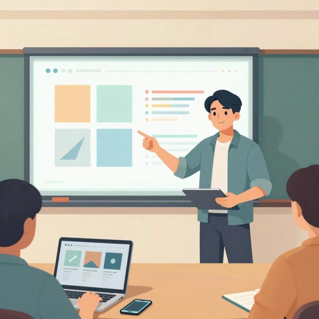 扁平插畫風格、柔和光影的總結場景圖。畫面中有一位台灣創業者站在簡報螢幕前，螢幕上呈現色塊和圖表構成的簡報封面與幾頁縮圖，沒有任何可讀文字或品牌。旁邊桌上打開一台筆電與一支手機，螢幕皆朝向人物與觀眾，畫面顯示抽象的投影片縮圖與社群貼文方塊。創業者一手自然指向螢幕，一手扶著筆電邊緣，表情自信、放鬆，面向前方觀眾。構圖採中景，能看到人物全身與周邊環境，背景是簡約會議室，延續前兩張圖的藍綠與暖黃色調，風格一致，無任何文字、logo 或水印。