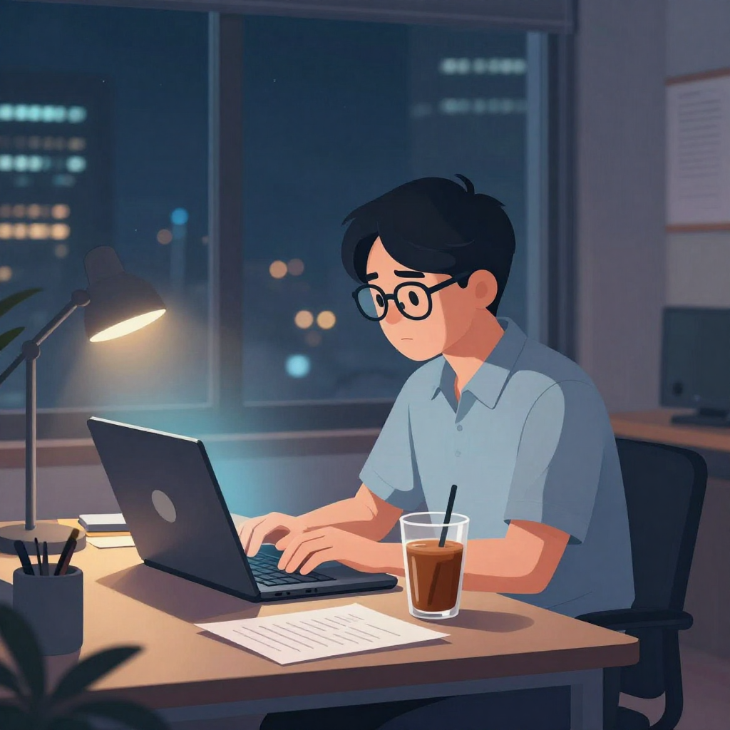 扁平插畫風格、柔和冷暖交錯光影的情境圖。場景是台灣都會區一間小型辦公室夜晚加班的畫面，窗外隱約可見城市燈光。畫面中央是一位台灣上班族，30 歲左右，戴眼鏡，坐在辦公桌前，桌上有筆電、簡單文具與一杯溫度已降的手搖飲。筆電螢幕正對人物與觀看者，螢幕發出淡藍色光線，人物雙手自然放在鍵盤上正在打字，眼神有點疲累但仍專注看著螢幕。桌面還堆著幾份紙本文件與便條紙，呈現工作量過大的感覺。構圖採中景，人物約佔畫面 1/3，能清楚看到人物與工作環境的關係。整體色調偏冷色系，搭配溫暖的桌燈光形成對比，畫面沒有任何品牌 logo、商標、水印或可讀文字。