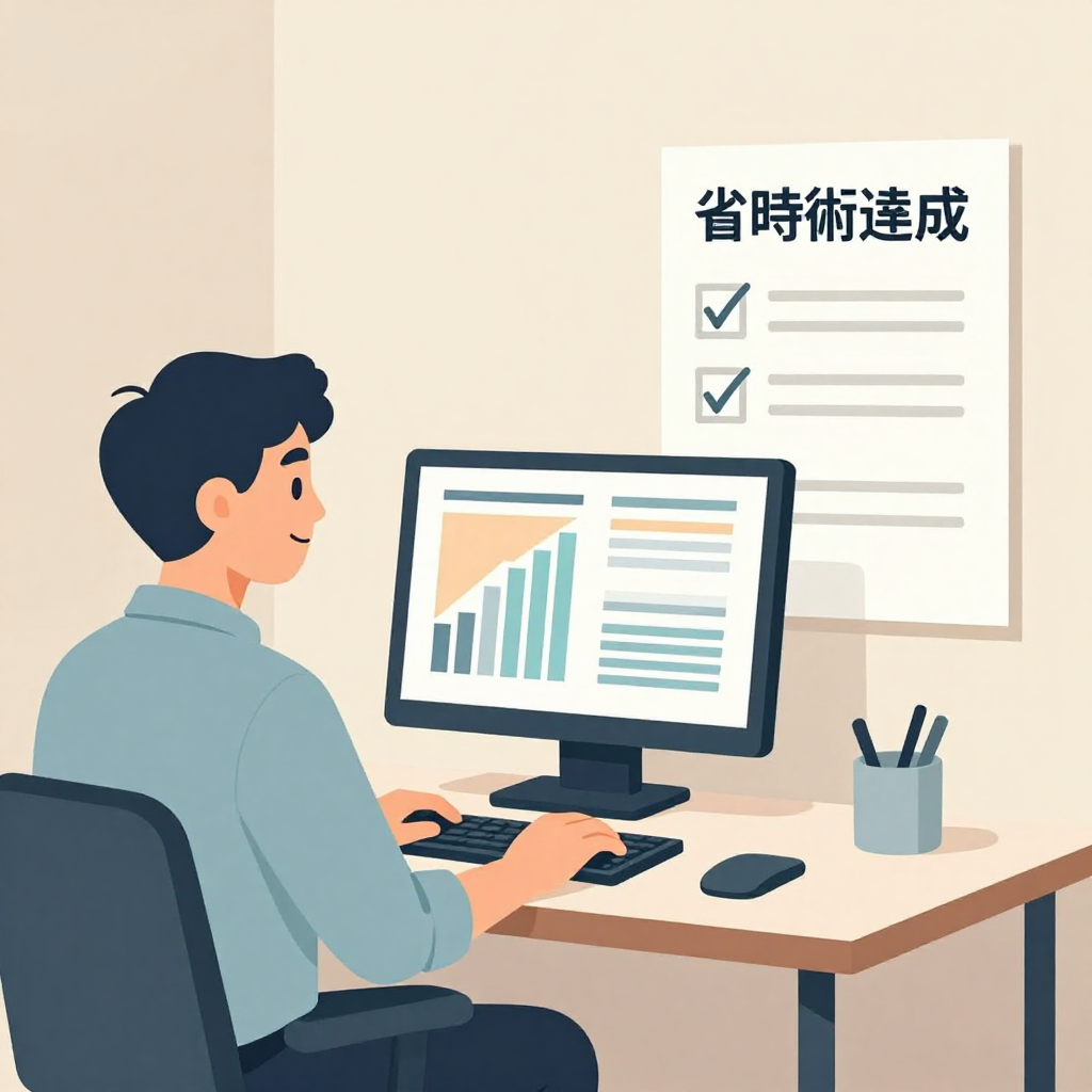 扁平插畫風格的總結圖，色調延續前兩張圖片的柔和冷暖對比。構圖採中景與廣角結合，畫面左側是先前那位台灣上班族，這次臉上帶著輕鬆微笑，坐在同一張辦公桌前，螢幕仍面向人物與觀看者，螢幕上以幾個色塊與條狀圖抽象表示工作成果或時間統計，沒有任何可讀文字。右側則是一個簡單的檢查清單圖示板，用三到四個打勾的方框符號，象徵「省時術達成」，板子立在桌旁或牆上。人物一手自然放在鍵盤上，另一手比出輕鬆的姿勢（例如輕握拳放在胸前），視線看向螢幕，呈現對成果滿意的感覺。畫面沒有品牌標誌或水印，物件比例與視角自然。