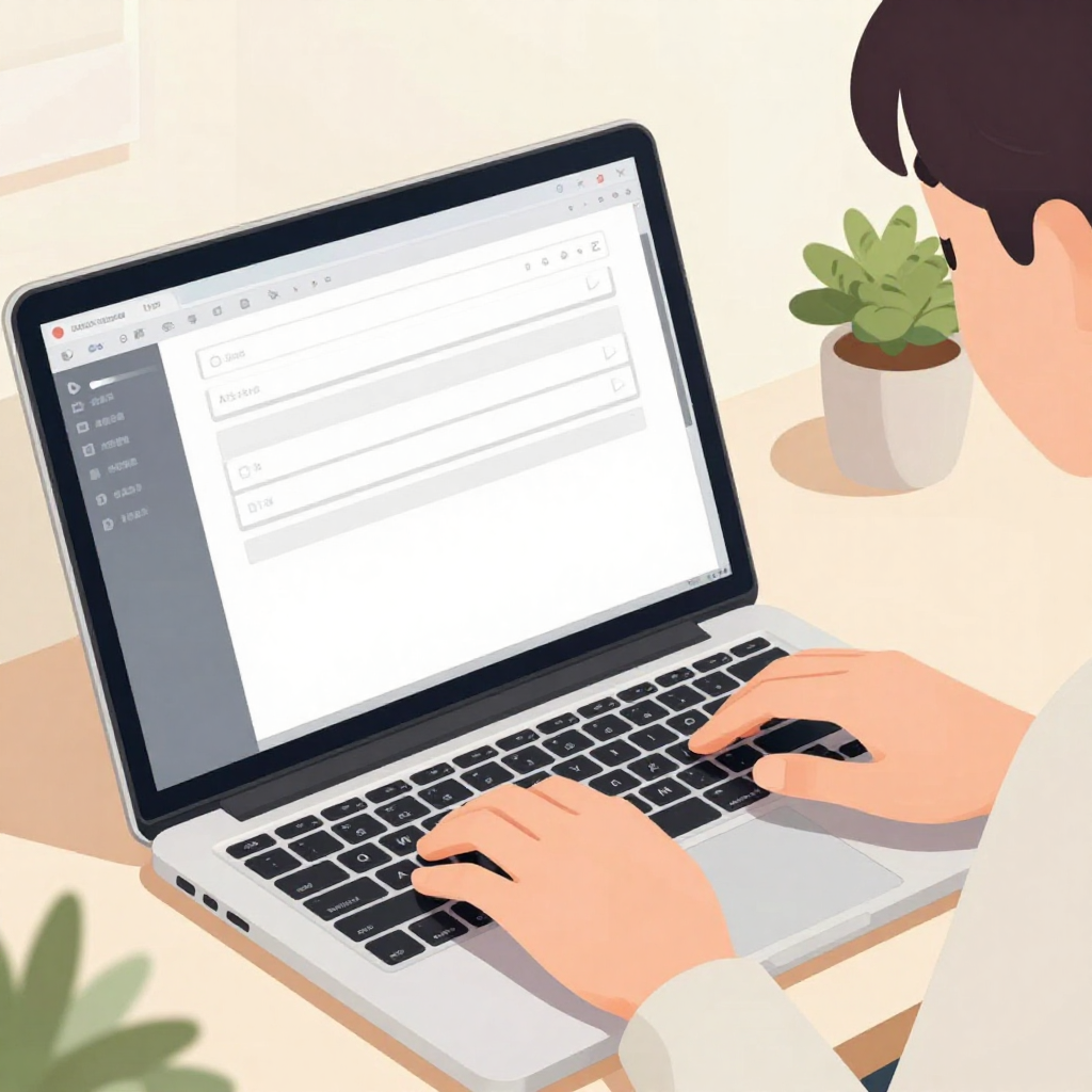 扁平插畫風格、光線柔和的操作示範圖。構圖採中近景，畫面中央是一個打開的筆電，上半部螢幕清楚可見一個類似輸入框與側邊面板的介面示意，呈現使用 AI 打字助理的概念，但不出現任何實際介面或文字細節。畫面右側是使用者上半身，台灣年輕上班族，專注看著筆電螢幕，雙手自然放在鍵盤上，好像剛按下快捷鍵呼叫工具。視角略微俯視，能同時看到鍵盤與螢幕，但所有內容只以方塊與線條抽象表示，避免可讀文字。背景是簡潔的室內書桌環境，有檯燈與盆栽，沒有品牌 logo 或水印，物件比例自然平衡。