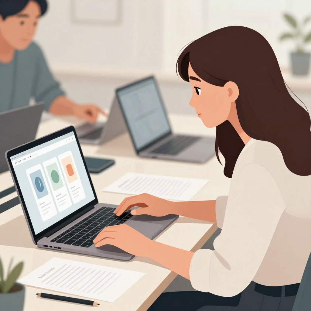 扁平插畫風格、統一柔和冷暖色調。中近景構圖，一位年輕女性設計師坐在共享辦公空間的長桌前，上半身入鏡。桌上擺著一台開啟的筆電，螢幕顯示簡化的網站介面與三個方案卡片示意（僅有色塊與圖示，無文字與 logo）。她右手自然放在筆電鍵盤上，左手拿著沒有文字的服務說明文件，眼睛專注看著螢幕，表情認真。對面隱約可見另一位同事，用手指著自己面前的螢幕在討論，同樣無任何文字內容。視角側前方，畫面比例自然，環境光線明亮，沒有商標與水印。