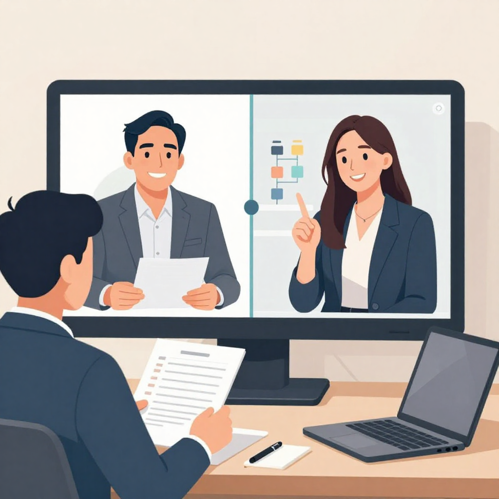 扁平插畫風格、色調與前兩張圖一致。中景構圖，一位台灣企業老闆與一位馬來西亞合作夥伴透過視訊會議溝通。畫面中央是一台大螢幕顯示分割視訊畫面，兩人各佔一側，均為半身入鏡，對著螢幕微笑點頭。前景可見老闆的背影與桌上整齊擺放的筆電與無文字筆記本，螢幕上顯示簡化的 12 步驟流程圖示意（僅圖示與色塊，無文字）。視角在老闆身後略高處，能看到他自然地一手放在鍵盤，一手拿著沒有文字的檢查清單紙張。畫面平衡、光線柔和，無任何品牌 logo、商標或水印。