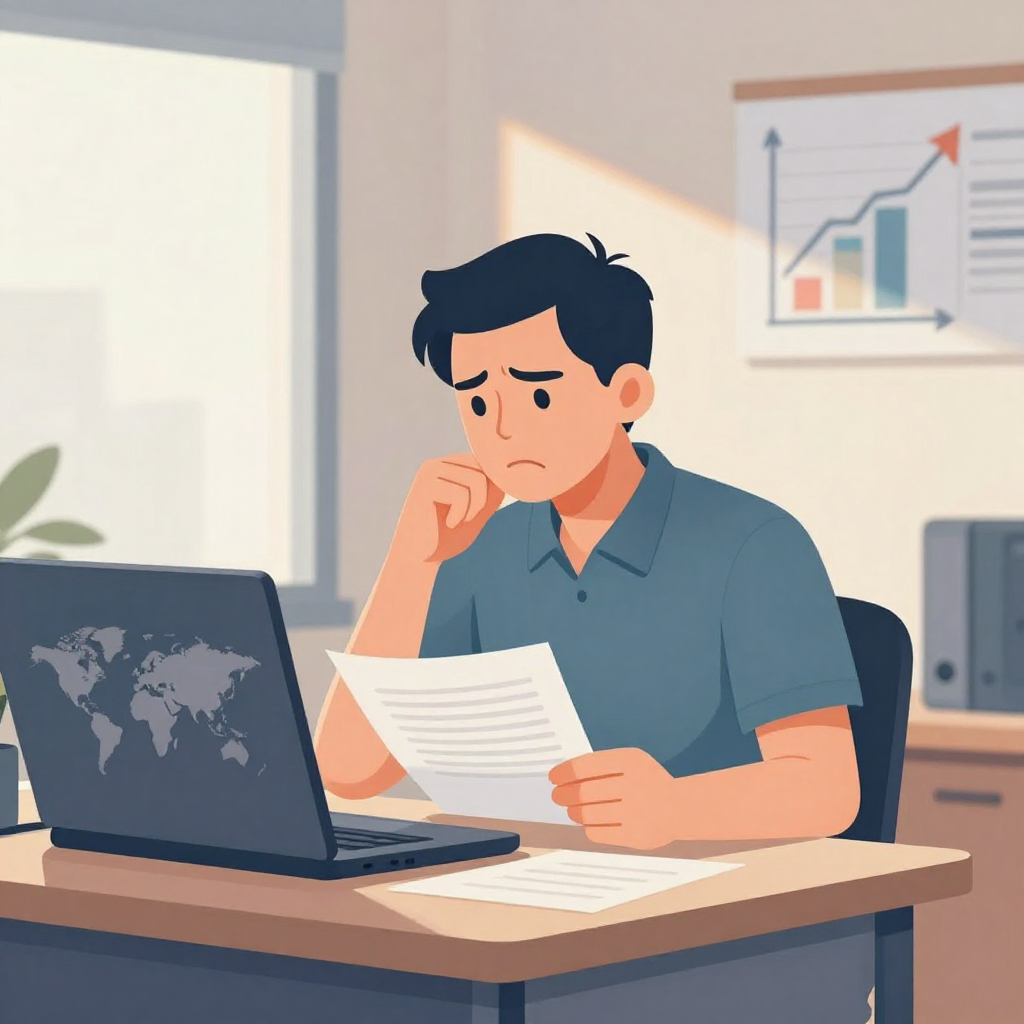 扁平插畫風格、柔和冷暖色調、室內辦公場景。畫面中是一間位於台灣的中小企業辦公室，中景構圖，人物約佔畫面一半。左側一位中年男性老闆坐在辦公桌前，看著桌上的筆電螢幕，畫面上顯示台灣與馬來西亞的簡易世界地圖示意（僅色塊，不含任何文字與 logo）。老闆一手自然放在鍵盤上，一手拿著沒有文字的報表紙張，眉頭微皺、在思考。右側牆面有簡化的圖表與箭頭貼紙，同樣無任何可讀文字。光線從窗戶斜射入內，營造略帶壓力又帶期待的氛圍。畫面視角正面略微俯視，物件比例真實，無商標、無水印。