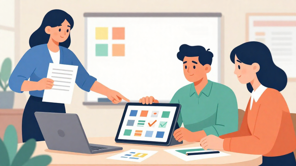 
        扁平插畫風格、柔和漸層色調與自然光影，用一張總結與檢查清單感的圖呈現團隊導入圖片優化流程的成果。畫面採中景正視角，一張大桌子橫跨畫面下半部，桌上擺放一台筆電、一台平板與幾張象徵圖片規格的方形卡片。畫面左側是一位專案經理站立，手持一張沒有文字的檢查清單式圖卡，紙張正面朝向自己與畫面，另一手指向桌上的裝置，肢體自然，比例真實。畫面右側坐著一位前端工程師與一位設計師，兩人上半身略微前傾，一起看著桌上的平板螢幕，視線交會在平板畫面中央，平板以正確比例呈現，畫面上用色塊與幾何圖示象徵多種圖片版本與勾選狀態，沒有任何可讀文字或 logo。背景為明亮會議室，可見白板與幾個色塊便利貼的抽象符號，遠景有輕微景深虛化，整體色調以藍綠與橘色對比，營造協作成功與流程清晰的氛圍，畫面沒有水印與任何品牌商標。
      