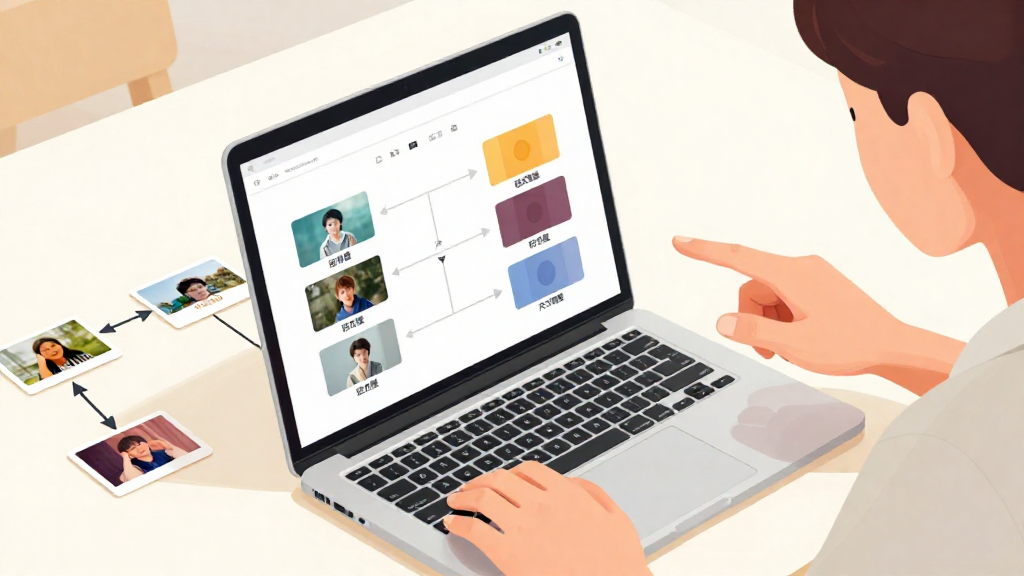 
        扁平插畫風格、柔和漸層色調與自然光線，描繪一個呈現圖片處理流程的操作示範圖。畫面採中近景俯視視角，桌面佔畫面下半部，整齊擺放一台筆電與幾張象徵原始圖片的小卡片。人物上半身位於畫面右側，他（或她）坐在桌邊，雙眼專注看著筆電螢幕，右手自然放在觸控板上，左手略微抬起指向螢幕，動作合理自然。筆電螢幕中央顯示一個簡化 UI：左側是多張圖片縮圖方塊，中間是流程箭頭，右側是壓縮後與多尺寸輸出的象徵性方塊，以不同顏色與大小表現「格式轉換」與「尺寸調整」，畫面中不出現任何可讀文字或 logo。背景上方以幾何線條與箭頭連結桌面上的卡片與螢幕，營造流程圖感，場景在明亮室內空間，桌子與物件比例真實，構圖平衡，不過度特寫手部或導致物件變形，畫面乾淨無水印與商標。
      