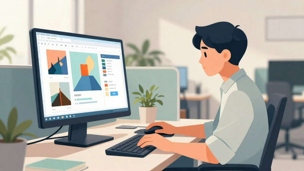 
        扁平插畫風格、柔和漸層色調與自然環境光，描繪一位台灣科技公司行銷企劃在現代感辦公室中使用桌上型電腦操作雲端圖片優化平台的情境示意圖。畫面採中景構圖，人物坐在畫面右側約 1/3 區域，身穿簡潔休閒襯衫與長褲，神情專注但不緊繃，雙眼直視螢幕，雙手自然放在鍵盤與滑鼠區域。畫面左側是大尺寸電腦螢幕，螢幕上以幾何方塊與色塊抽象表現「多張圖片縮圖」與「壓縮進度條」，沒有任何可讀文字與品牌 logo。背景為明亮開放式辦公室，可見幾張書桌、盆栽與軟性隔板，遠景略帶景深虛化以凸顯主角與螢幕操作。整體光線從左側窗戶灑入，形成柔和陰影，色調以藍綠與橘色對比，營造高效但不壓迫的科技工作氛圍。畫面保持真實比例與合理透視，電腦螢幕與鍵盤大小自然，構圖平衡，沒有任何水印、商標或可辨識品牌。
      