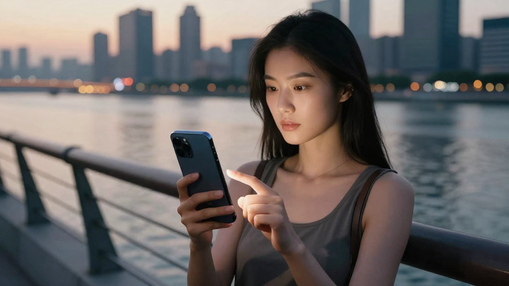 A high-quality, photorealistic photograph with natural lighting and authentic details. Professional photography style with depth of field and realistic textures. Natural skin texture with realistic facial expression. Film still quality with cinematic lighting. Shot with 35mm lens at f1.8 with soft shadows. 傍晚時分的城市河畔步道，中景構圖，一位二十多歲的亞洲女性站在護欄旁，背景是略帶燈光的城市天際線與河面反射。她自然手持一支無品牌、無文字的深色智慧型手機於胸前高度，右手握機、左手食指輕觸螢幕，好像正在切換拍照模式，眼睛專注看著螢幕。手機比例真實，不誇張放大。光線略帶金色暖調，強調傍晚氛圍，人物與手機清楚，背景有柔和景深。不要任何品牌 logo、不要可辨識商標、不要任何可讀文字、不要水印。