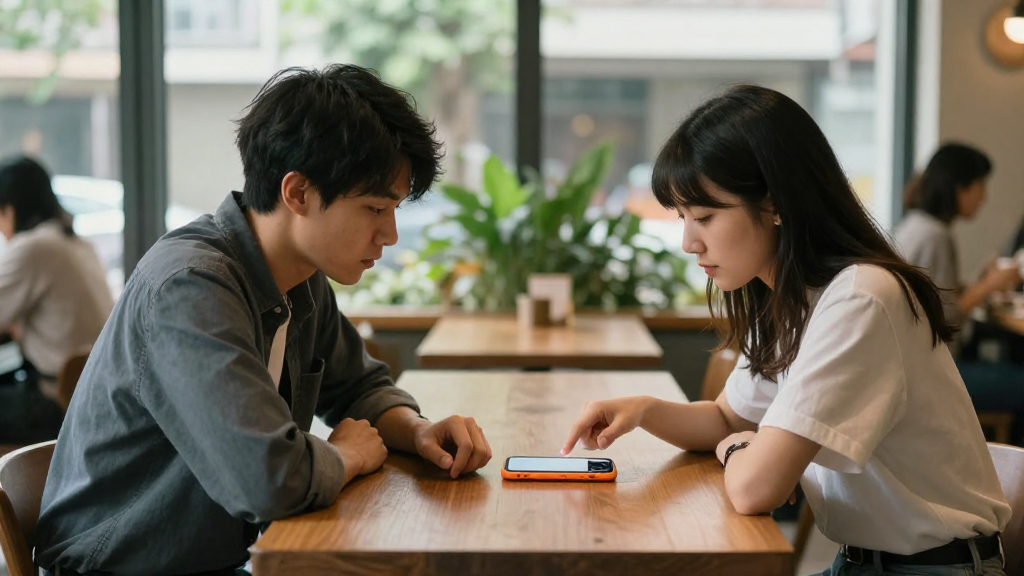 A high-quality, photorealistic photograph with natural lighting and authentic details. Professional photography style with depth of field and realistic textures. Film still quality with cinematic lighting. Shot with 35mm lens at f1.8 with soft shadows. Scene: 日間的台北咖啡店，大片落地窗灑入自然光，室內木質桌椅與綠色植栽，氛圍安靜。畫面中央一張長桌，兩位約 20 幾歲的亞洲年輕人面對面而坐，一男一女，穿著簡單休閒。桌面中央放著一支愛馬仕橘色機身的智慧型手機，無任何品牌 logo 與文字，螢幕朝上顯示亮光但無可讀內容。兩人身體微微前傾，視線共同落在手機螢幕上，男生右手自然放在手機旁邊，女生右手食指輕觸螢幕邊緣，呈現合理操作姿勢。背景顧客略為失焦，構圖採中景與輕微側拍視角，人物與環境比例自然。整體色調溫暖，橘色手機在木桌與綠植之間形成柔和對比；畫面中完全沒有水印、品牌 logo 或可讀文字。