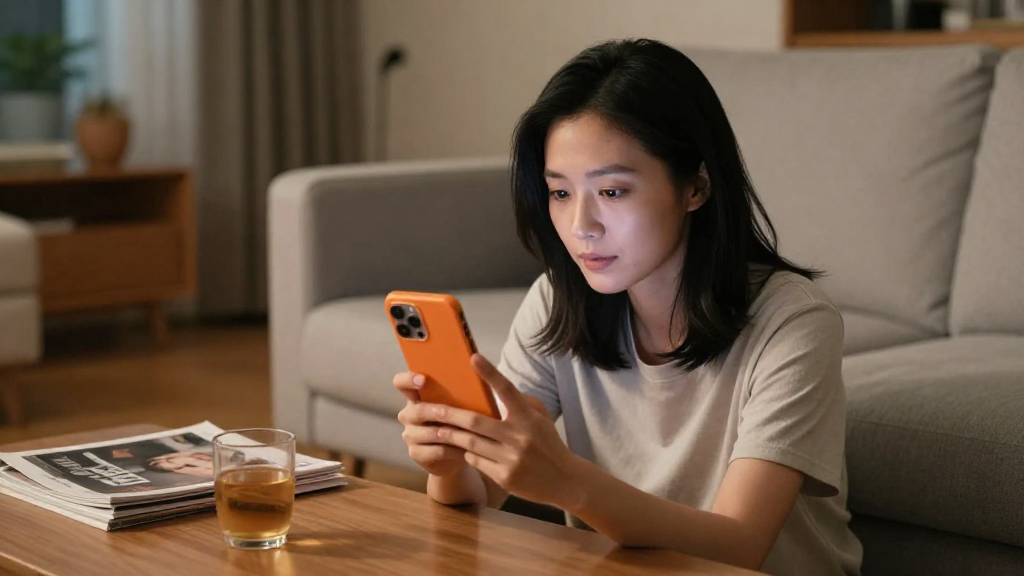 A high-quality, photorealistic photograph with natural lighting and authentic details. Professional photography style with depth of field and realistic textures. Film still quality with cinematic lighting. Shot with 35mm lens at f1.8 with soft shadows. Scene: a modern Taiwanese living room in the evening,暖白色間接燈光，木質地板與淺灰色布沙發。茶几上擺著幾本沒有可讀文字的雜誌與一杯溫熱飲。畫面中一位約 25 歲的亞洲女性，黑色中長髮，休閒居家服，坐在沙發上，雙手自然持握一支未帶任何品牌 logo、約 15 公分長的智慧型手機，螢幕面向她，位置在胸前高度。她微微前傾，目光專注看向螢幕，右手拇指輕觸螢幕邊緣，呈現自然滑動姿勢。手機外觀為愛馬仕橘色霧面機身，邊角略為圓潤，鏡頭模組簡潔無品牌標記。構圖為中景，人物約佔畫面 1/3，能清楚看到人物與客廳環境關係。背景略帶景深虛化，但家具比例真實，不失衡。整體色調溫暖，愛馬仕橘機身在低飽和環境中成為視覺焦點。畫面中無任何文字、水印與可辨識商標。