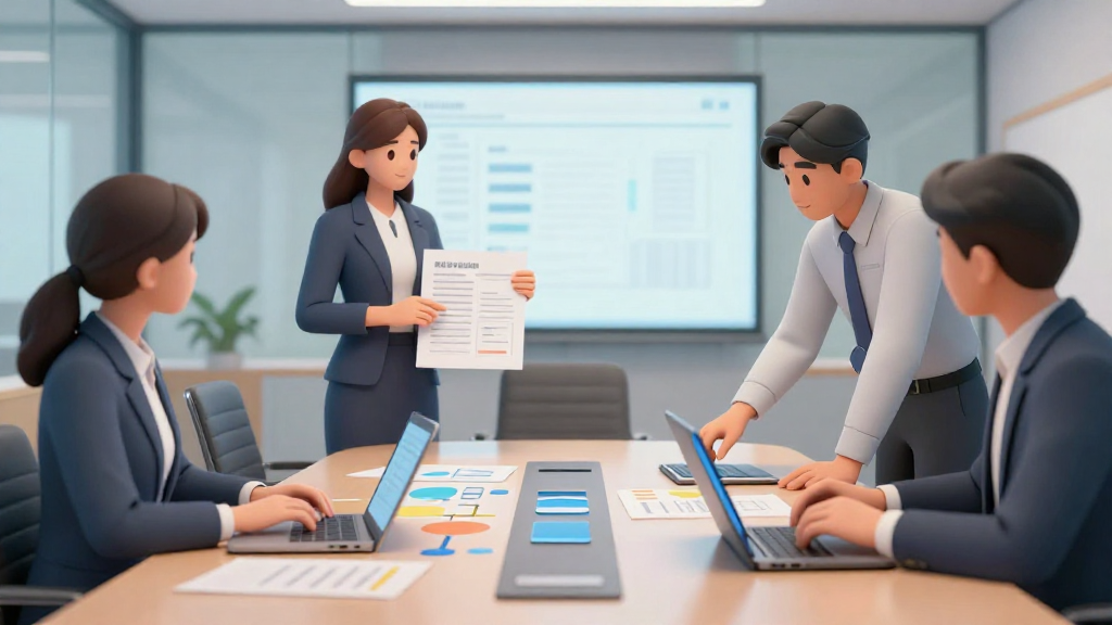 A modern 3D rendered illustration with smooth surfaces and professional studio lighting. Clean, contemporary style with depth and dimension. Ray-traced lighting with ambient occlusion for realistic depth. Polished materials with subtle reflections. Sophisticated render quality with anti-aliasing and clean edges. 畫面為中景總結圖：一張大型會議桌上擺放多台筆電、平板與紙本簡報，螢幕與紙張上僅以抽象色塊與圖表代表數據與流程，沒有任何文字或品牌標誌。四位不同年齡與族群的專業人士環繞桌邊站立與坐著，呈現討論姿態：一人坐著操作筆電，眼睛看向螢幕，雙手自然落在鍵盤區；另一人站著，手持一張 A4 文件，正面朝向自己與附近同事，另一手以手指輕點紙張圖表位置，動作自然；其餘兩人微微前傾，視線集中在桌中央的平板裝置，平板平放於桌面，尺寸比例真實。鏡頭以略高視角俯視整張桌子與人物，營造「檢查清單與成果討論」感。背景是寬闊會議室與簡潔玻璃牆，遠景略為模糊以強調前景互動。整體色調延續前面圖片的冷色系科技感，搭配柔和暖光，象徵多部門一起檢視 AI 導入成果與關鍵步驟，畫面均衡、物件比例真實，沒有水印與任何可辨識商標。