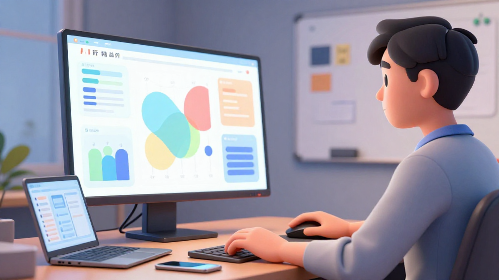 A modern 3D rendered illustration with smooth surfaces and professional studio lighting. Clean, contemporary style with depth and dimension. Ray-traced lighting with ambient occlusion for realistic depth. Polished materials with subtle reflections. Sophisticated render quality with anti-aliasing and clean edges. 畫面為中近景操作示範圖：一位年輕行銷人員坐在現代風格辦公桌前，桌上擺著一台大型螢幕與一台筆電。螢幕上（不顯示任何可讀文字或 logo）以抽象色塊與圖表代表 AI 行銷儀表板，筆電螢幕則以簡化圖示呈現社群貼文排程。人物上半身清楚可見，眼睛自然看向桌上大螢幕，右手放在滑鼠區域，左手輕放鍵盤旁，姿勢放鬆且合理。桌面另外有一支手機平放，大小比例約 15 公分，沒有任何字樣。背景是簡潔的辦公牆面與白板，僅有無字的色塊與圖形磁鐵，避免任何商標。構圖讓人物與螢幕約佔畫面 2/3，鏡頭視角略高於坐姿視線，能清楚看到操作動作，同時保有部分背景深度。光線營造冷暖對比，營造專業又有節奏感的 AI 行銷實作場景，整體風格與前一張圖片保持一致的 3D 渲染與光影色調。