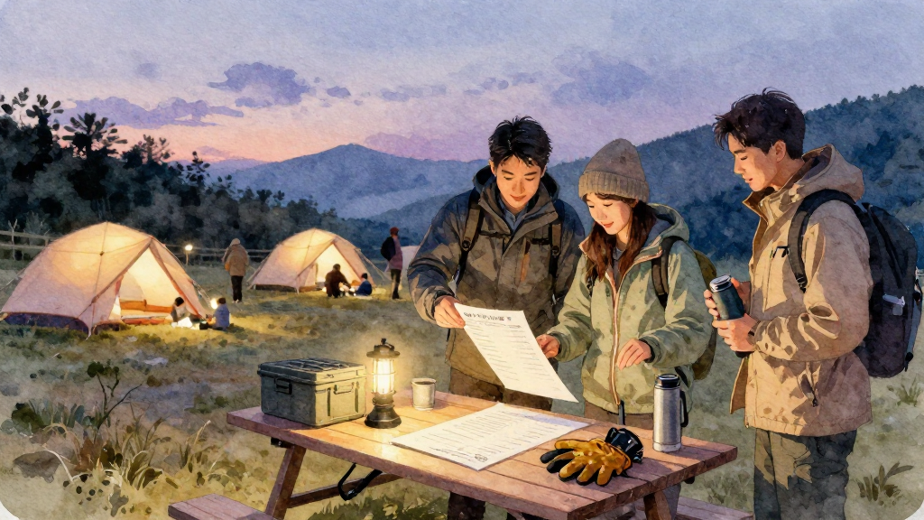 A soft watercolor illustration with gentle colors and artistic touches. Professional yet approachable style with organic hand-painted feel. Transparent layers with natural color bleeding and soft edges. Delicate texture and fluid brushstrokes. Warm and inviting aesthetic with paper texture. Scene: 接近結尾的總結圖，中景或廣角構圖。台灣冬季黃昏的營地，天空帶一點紫藍色與微弱暖光，幾頂帳篷整齊排在草地上。畫面前景是一張野餐桌，上面擺著露營檢查清單紙張、頭燈、手套與一個收納箱，物件比例真實，紙張正面朝向觀看者但看不清字。兩位台灣露營者站在桌旁，一男一女，穿著保暖外套與毛帽，表情輕鬆，男生用一手自然拿著清單上方，低頭看向紙面，另一手指向桌上的頭燈；女生側身看著同一張清單，手扶著自己的保溫杯，皆站姿自然。背景可見其他露營者在帳篷旁活動，模糊處理。視角略高，能看到完整場景與人物互動，人物約佔畫面 1/3。冷色的天空與地面搭配桌上與帳篷的暖色，形成柔和對比，營地燈光發出溫暖光暈。景深讓前景的人與檢查物品清楚，背景略為柔焦。畫面中不要任何品牌 logo、不要可辨識商標、不要任何可讀文字、不要水印。