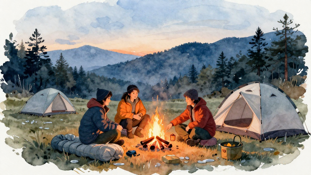 A soft watercolor illustration with gentle colors and artistic touches. Professional yet approachable style with organic hand-painted feel. Transparent layers with natural color bleeding and soft edges. Delicate texture and fluid brushstrokes. Warm and inviting aesthetic with paper texture. Scene: a winter campsite in Taiwan low mountains during early evening, cool blue sky with faint warm sunset glow. Several tents set up在平坦草地上，周圍是低矮樹林與遠方山線，地上可見一點露水感。畫面中景構圖，主角是一對台灣年輕男女與一位朋友，三人穿著羽絨外套、毛帽與長褲，圍在一個小營火旁聊天，一人半蹲整理睡袋，動作自然。營火旁放著睡袋、保暖睡墊與裝在收納袋裡的外帳，物品比例真實。人物表情放鬆但專注，看著手邊露營裝備，彼此互相討論露營配置。視角略高，能同時看到人與營地環境，人物約佔畫面 1/3。整體光線由營火散出暖橘色，與冷色調的環境形成對比，營火光打在人物臉上，製造溫暖安全的氛圍。景深中等，可清楚辨識人物與主要物件，背景山林稍微柔焦。畫面中不要任何品牌 logo、不要可辨識商標、不要任何可讀文字、不要水印。