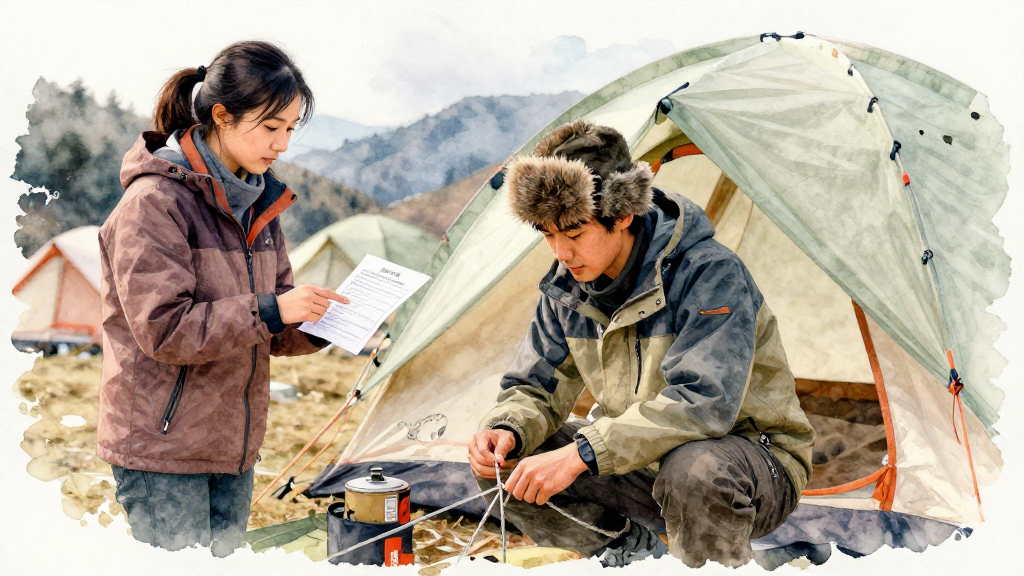 A soft watercolor illustration with gentle colors and artistic touches. Professional yet approachable style with organic hand-painted feel. Transparent layers with natural color bleeding and soft edges. Delicate texture and fluid brushstrokes. Warm and inviting aesthetic with paper texture. Scene: 中近景操作示範畫面，在台灣冬天的山區營地，白天陰天、空氣清冷。畫面右側是一頂搭好的帳篷，一位戴毛帽、穿防風外套的台灣年輕男子蹲在帳篷一側，雙手自然握住營繩，專心拉緊並固定在營釘上，眼睛看著自己正在拉緊的地方，動作合理。旁邊站著一位台灣年輕女子，手拿一張小紙張清單，正面朝向自己與男子，她低頭看著清單，表情專注，另一手指向清單上的某一處，好像在核對「營繩、營釘」項目，手指從紙張正面靠近，姿勢自然。帳篷外地上放著封閉的卡式爐與收納袋，強調尚未在帳篷內使用。構圖讓人物上半身與動作清楚可見，人物約佔畫面 1/2，背景可見幾頂模糊的帳篷與山坡，景深讓人物與操作成為焦點。色彩以冷色環境搭配人物衣物的小面積暖色，畫面平衡。不要任何品牌 logo、不要可辨識商標、不要任何可讀文字、不要水印。