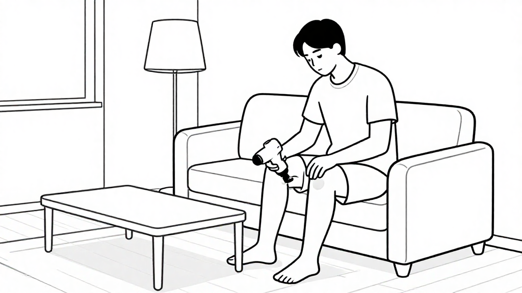 A minimalist line art illustration with simple, elegant strokes. Clean monochrome style with precise linework and emphasis on form and composition. Continuous flowing lines with consistent weight. Professional outline drawing with negative space utilization. Pure black and white aesthetic. Scene: A small modern apartment room in Taiwan on a cool evening, wooden floor, simple sofa and low table, soft indirect lighting implied by gentle shadows. A young adult seated upright on the edge of the sofa, side view in medium shot, occupying about one third of the frame, using a massage gun on their thigh. Their posture is relaxed but slightly tired, facial expression showing mild relief. The massage gun is held in one hand at a realistic angle, gently touching the front of the thigh, with the other hand naturally resting on the knee. Environment details: a standing lamp, a folded yoga mat leaning against the wall, and a small shelf, all drawn with clean lines. Camera angle at eye level, medium distance showing the relationship between person and room. No brand logos, no readable text, no watermarks.