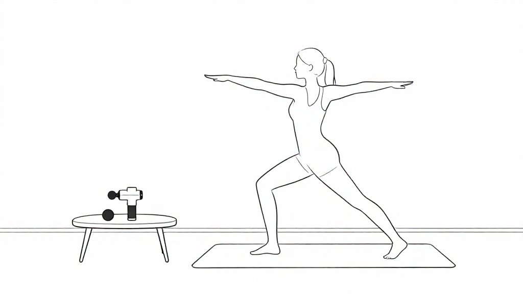 A minimalist line art illustration with simple, elegant strokes. Clean monochrome style with precise linework and emphasis on form and composition. Continuous flowing lines with consistent weight. Professional outline drawing with negative space utilization. Pure black and white aesthetic. Scene: A wider view of a clean home environment, showing a person standing near a wall doing a gentle calf stretch after putting down a massage gun on a nearby low table. Medium-wide shot so the person and room are fully visible, with the person occupying about one third of the frame. The person faces the wall, one leg bent and one straight, hands on the wall, posture stable and natural. The massage gun lies horizontally on the table at realistic size. Perspective at eye level, balanced composition with simple furniture outlines and a yoga mat on the floor. No brand logos, no readable text, no watermarks.