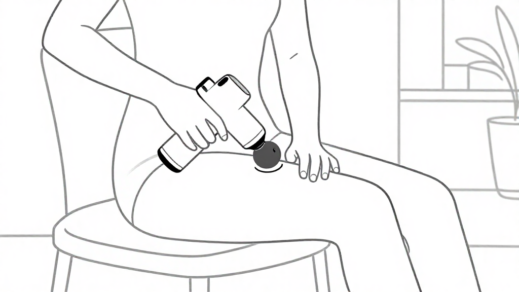 A minimalist line art illustration with simple, elegant strokes. Clean monochrome style with precise linework and emphasis on form and composition. Continuous flowing lines with consistent weight. Professional outline drawing with negative space utilization. Pure black and white aesthetic. Scene: Medium-close view focused on the upper body and legs of a person sitting on a sturdy chair in a bright, uncluttered room. The person holds a massage gun correctly in one hand, gently perpendicular to the side of the thigh, and slowly moving along the muscle. The other hand rests naturally on the opposite leg for balance. The camera angle is slightly above waist level, clearly showing the correct grip, distance, and contact point, yet keeping all object proportions realistic. Background elements like a simple shelf and a plant are indicated with thin lines to maintain balance. No logos, no readable text, no watermarks.