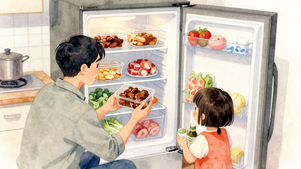 A soft watercolor illustration with gentle colors and artistic touches. Professional yet approachable style with organic hand-painted feel, transparent layers with natural color bleeding and soft edges, warm and inviting aesthetic with paper texture. Scene: 台灣冬天晚上的小家庭廚房，冰箱門打開，裡面整齊擺著分裝好的年菜備料：透明保鮮盒中的滷肉、牛腱、切好的蔬菜與火鍋肉片盤。畫面為中景偏廣角，左側是一位年輕爸爸蹲在冰箱前，雙手自然托著一盒滷牛腱往外拿，目光看著保鮮盒確認拿穩；右側是小孩站在一旁，好奇看著冰箱裡的食物。冰箱門內側只有簡單顏色格層，沒有任何品牌或文字。視角略斜側面，可看見人物上半身、冰箱內部與廚房一角，畫面均衡、比例真實、無水印。