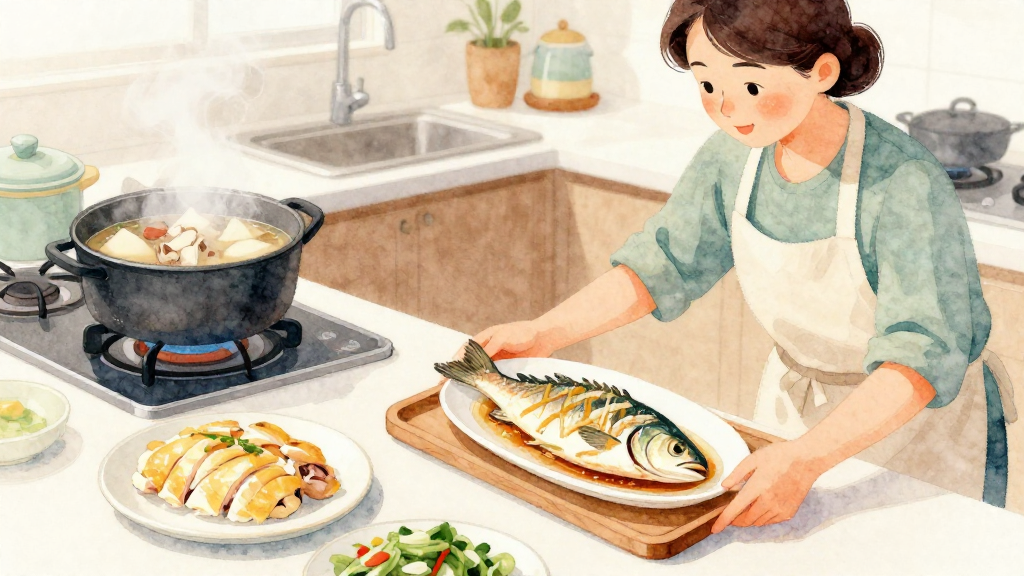 A soft watercolor illustration with gentle colors and artistic touches. Professional yet approachable style with organic hand-painted feel, transparent layers and soft edges, warm and inviting aesthetic with paper texture. Scene: 台灣家庭廚房中景，流理台上擺著一條已蒸好的清蒸魚、一盤切好的油雞與一鍋熱騰騰的蘿蔔排骨湯。畫面右側是中年女性穿家用圍裙，專心把清蒸魚端到木質餐盤上，雙手自然托住盤底，目光看向魚盤確認擺放穩固。左側背景隱約可見瓦斯爐上還放著湯鍋，蒸氣緩緩上升。視角略高，可清楚看到菜色與人物上半身，構圖平衡，物件比例真實。畫面沒有任何品牌 logo、沒有可讀文字、沒有水印。