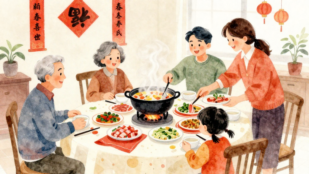 A soft watercolor illustration with gentle colors and artistic touches. Professional yet approachable style with organic hand-painted feel, transparent layers with natural color bleeding and soft edges, warm and inviting aesthetic with paper texture. Scene: A Taiwanese family living room in winter evening, round dining table已擺好圍爐鍋、數道年菜與紅色餐墊，背景有春聯與燈籠裝飾。畫面為中景，三代同堂：左側是銀髮阿公阿嬤坐著微笑，看向桌上的火鍋；右側是年輕夫妻，一人夾菜、一人端盤；前景有一位國小年紀的小孩伸手準備把肉片放進鍋裡。所有餐具與食物比例自然，火鍋居中放在桌上，蒸氣柔和往上升。家人之間視線落在桌中心的鍋物上，互動自然。鏡頭略高視角，能清楚看到桌面菜色與人物上半身，畫面平衡、無品牌標誌、無可讀文字、無浮水印。