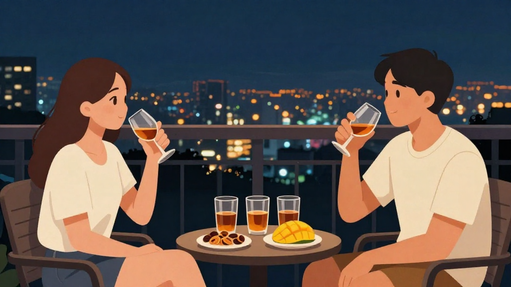 扁平插畫風格，中景構圖。場景是台灣高樓陽台夜景，可以看到遠方模糊城市燈光與輪廓，無任何文字招牌。陽台小桌上放著三杯顏色深淺不同的威士忌，旁邊有幾片切好的芒果與乾果盤象徵熱帶風味，物件比例自然。兩位台灣年輕朋友坐在陽台椅子上，一人拿起酒杯於胸前高度，輕輕聞香，眼睛看著杯中酒；另一人則微笑看著朋友手中的杯子，表情放鬆。畫面色調偏暖金與深藍對比，夜晚氣氛悠閒，光影柔和。
