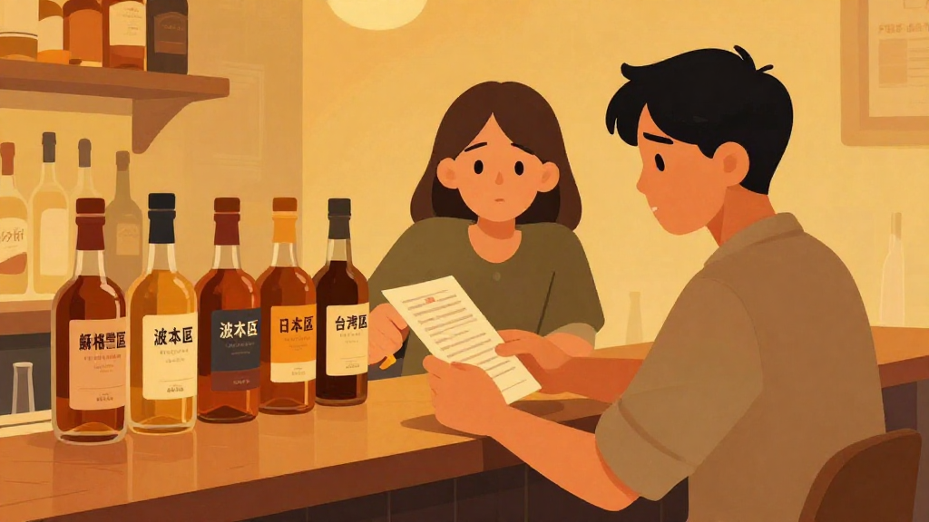 扁平插畫風格，中景構圖。場景是台灣城市裡一間小酒吧吧台夜晚場景，暖黃色燈光，木質吧台上排著幾支沒有品牌標示的威士忌瓶，標籤用顏色區分：標示「蘇格蘭區、波本區、日本區、台灣區」以顏色塊呈現但不含任何文字。畫面右側有一位台灣年輕男女上班族坐在吧台前，表情有點困惑又好奇，手裡自然持著酒單，酒單正面朝向他們，另一隻手微微指向瓶子方向，兩人視線看向瓶子。背景有簡單酒架輪廓但無 logo、無可讀文字。畫面色調溫暖、對比柔和，人物約佔畫面一半，環境一半，光影柔和不誇張，所有物件比例真實。